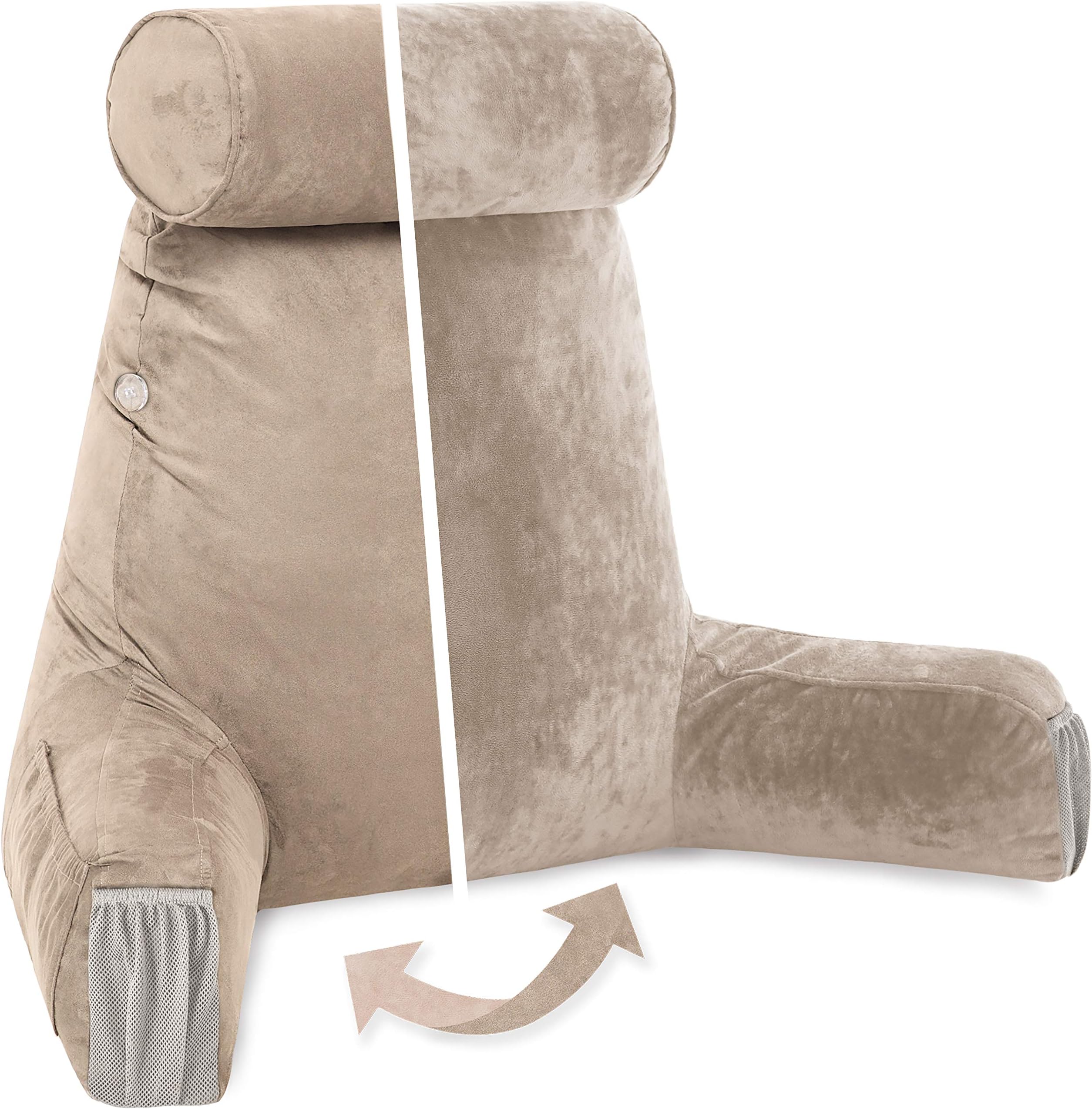 Medium Aspen Edition Cowboy Taupe, Sit Up Reading & Bed Rest with Arms, Ultra-Comfy, Detach Neck Roll - Premium Shredded Memory Foam Backrest, Reverses to Micro: Suede or Plush