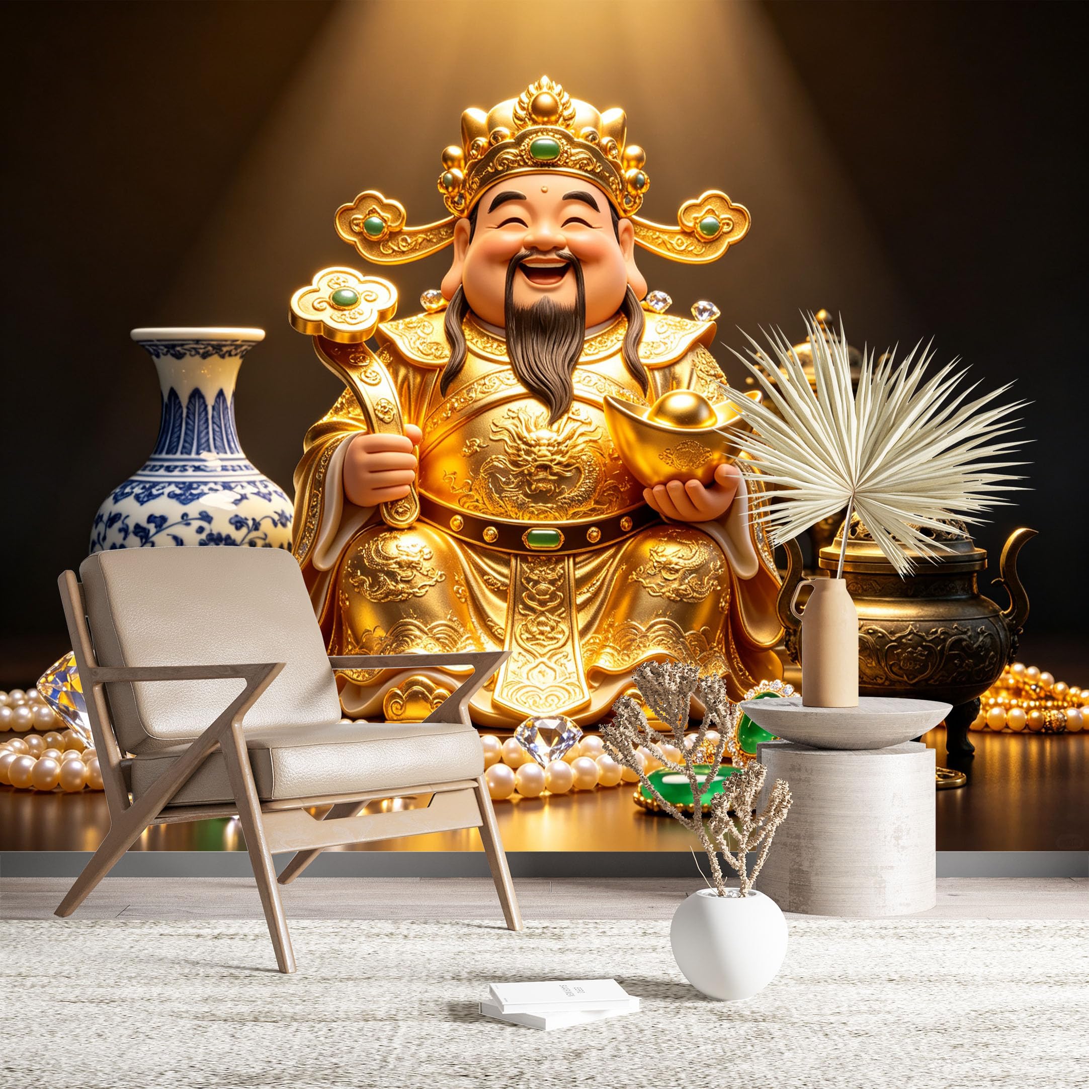 Custom Size Wall Murals Golden God of Wealth with Jade and Pearls HD Self-Adhesive Wall Fabric (NO PVC) Removable Wallpaper for Living Room Home Decor