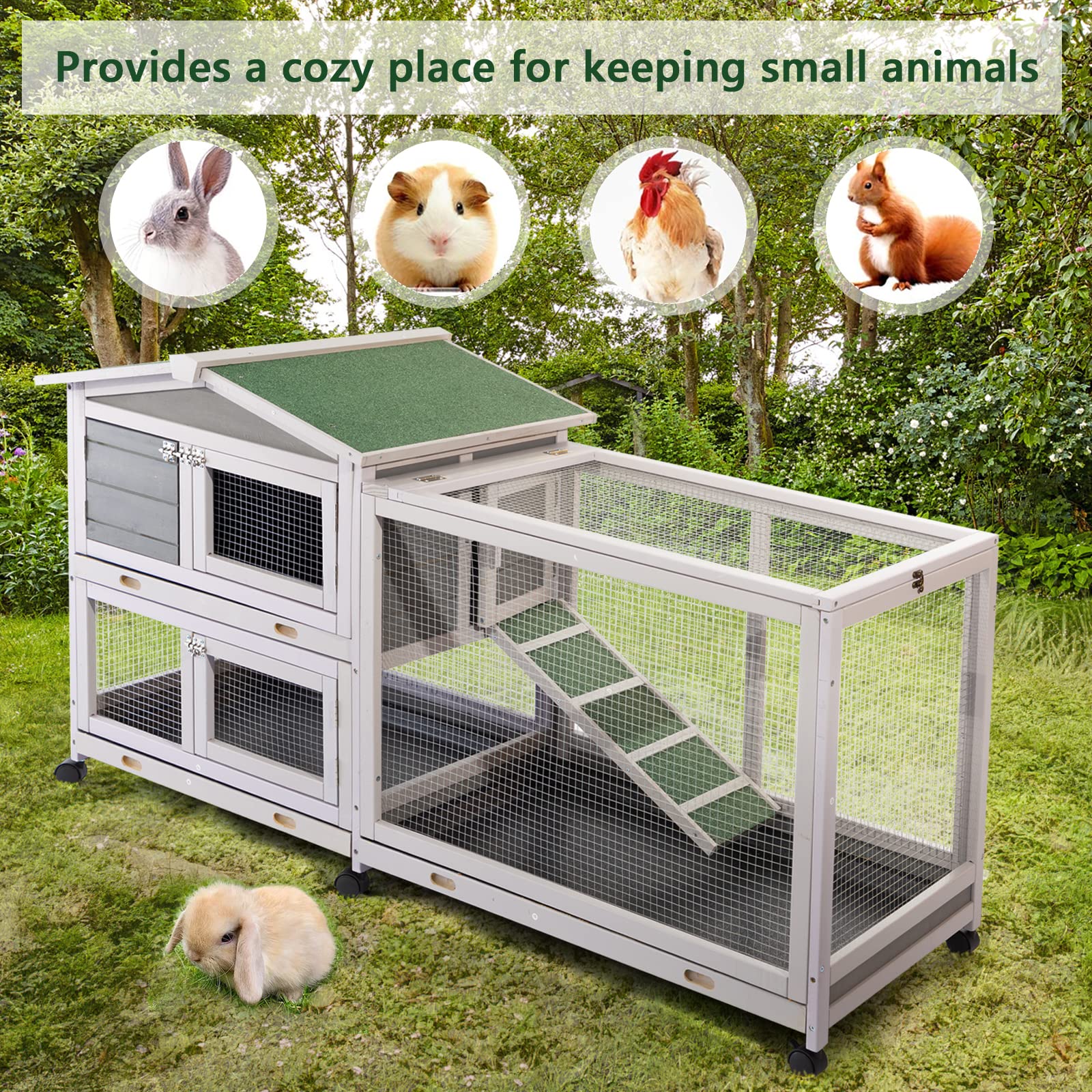 Buy Esright Rabbit Hutch Two Story Bunny Cage Outdoor Wooden Small Animal House on Run, with