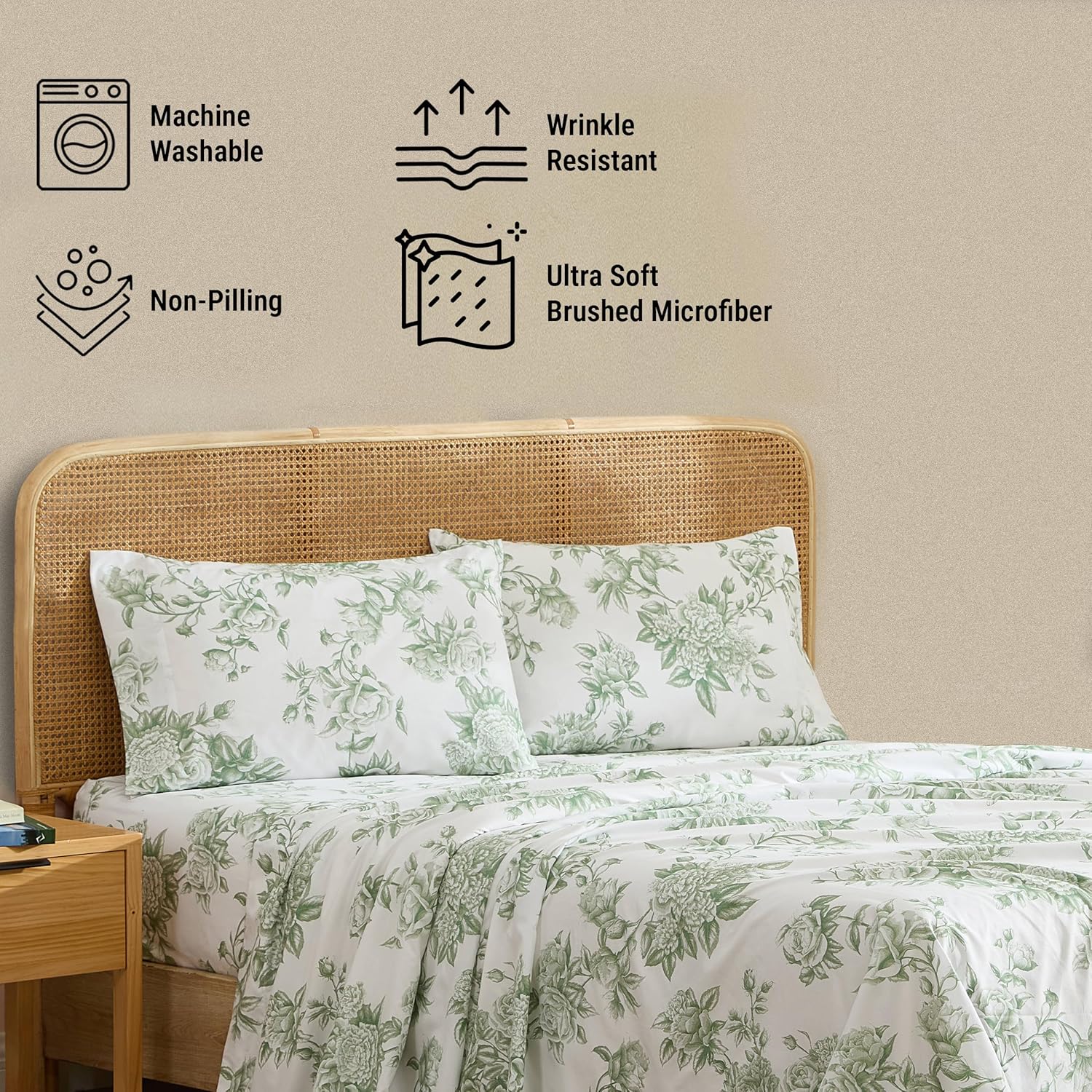 HLC.ME Rose Toile Floral Bed Sheets - 4 Piece Bed Sheet Set - Wrinkle Resistant & Ultra Soft - Fits Mattresses up to 15 Inches Deep (King, Sage Green)