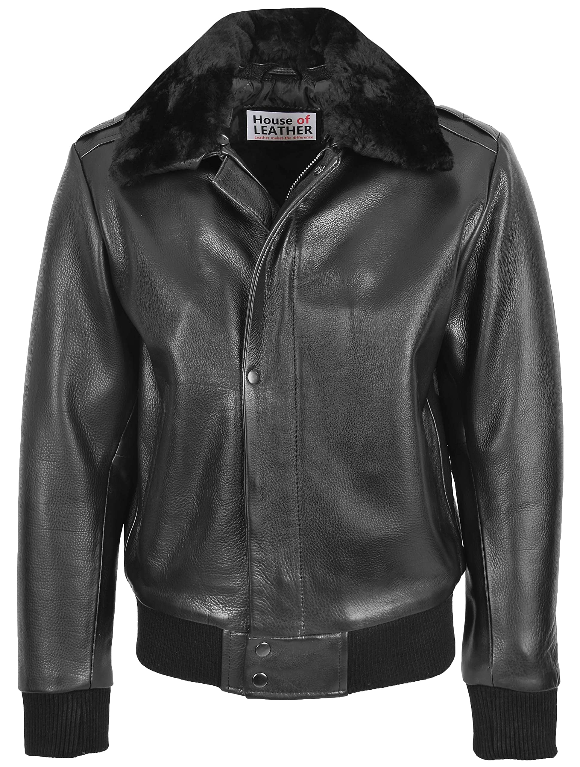 Mens Leather Bomber Jacket Removable Collar Pilot Aviator Leroy (2XL, Black)