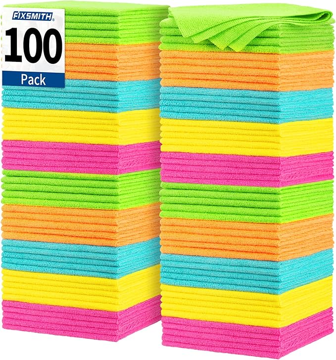 FIXSMITH Microfiber Cleaning Cloths 100 Pack Shop Towels Microfiber Towels 12inx12in
