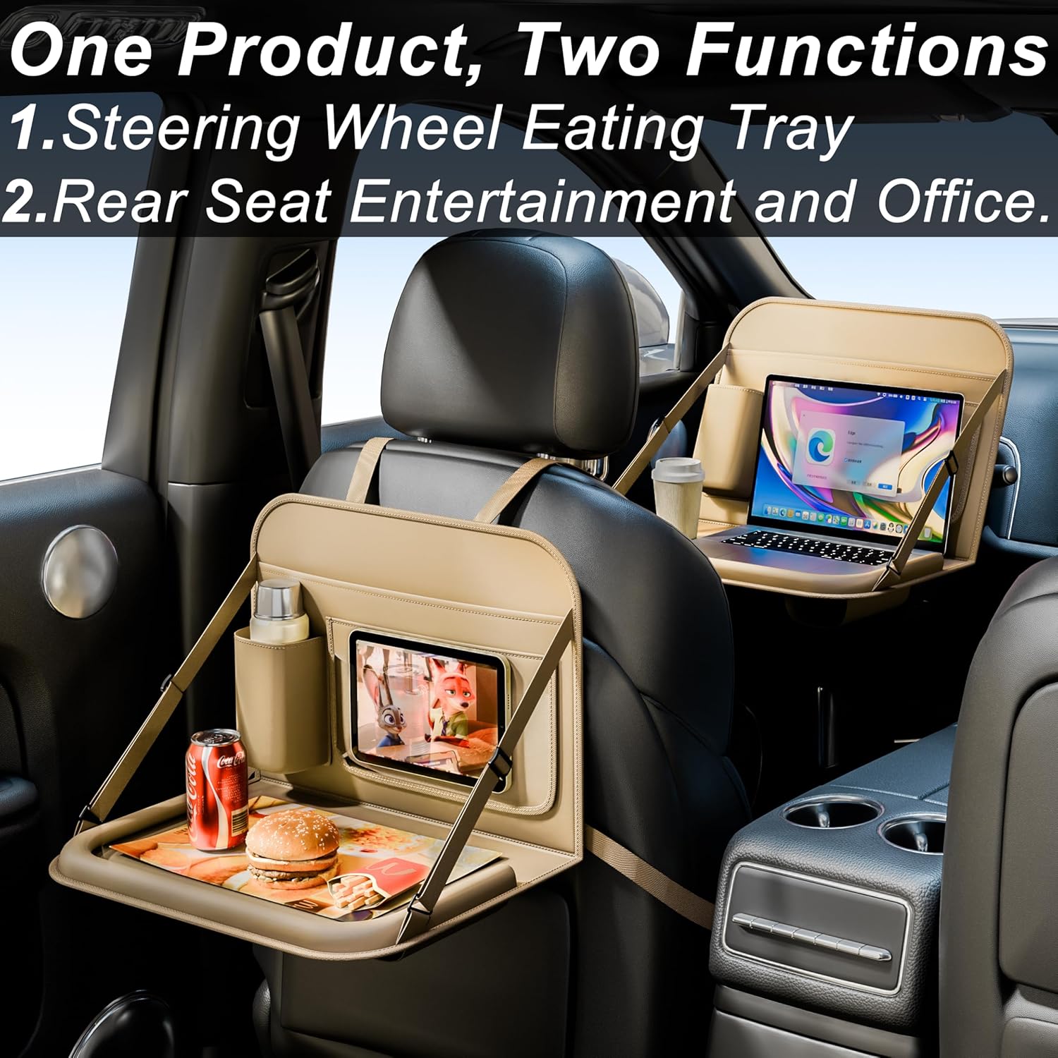 GMQ Backseat Car Organizer with Detachable Steering Wheel Tray 1 Pack,Car Back Seat Laptop Desk, Multifunctional Food Tray,Back Seat Car Storage & Tablet Holder for Kids (Beige, 1PC)