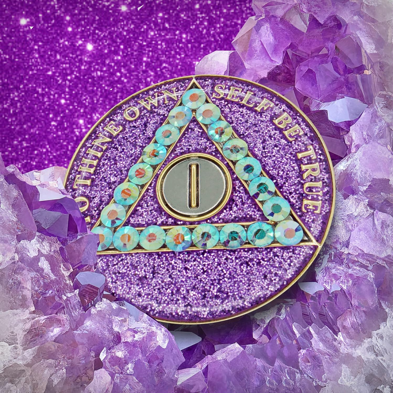 The Token Shop 1 Year Sobriety Coin | Crystallized Purple Glitter AA Chip Recovery Anniversary Token with Serenity Prayer