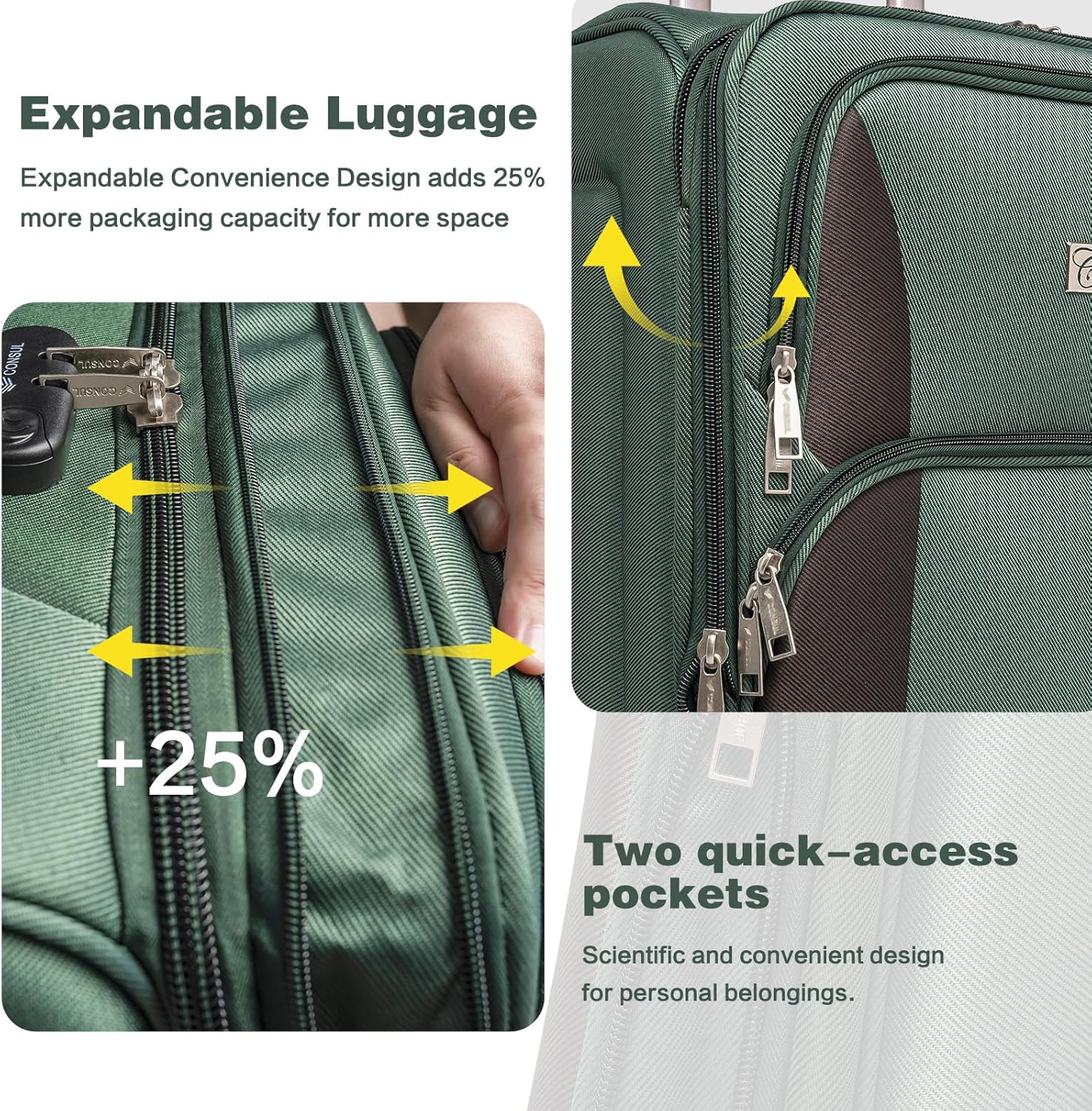 4 Piece Softshell Expandable Luggage Sets, Lightweight Travel Suitcase Set with Lock and 360°Swivel Spinner Wheels, Durable Softside Luggage, 20 in/24 in/28 in/32 in, Dark Green