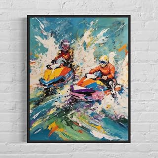 Jet Skiing Abstract Art Print Poster, Wall Art Painting Decor. Paint Splash Style Artwork For Bedroom Bathroom Office Home 70 (Jet Skiing, 8 x 10 inches, Unframed)