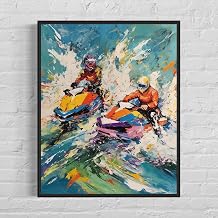Jet Skiing Abstract Black Framed Art Print Poster, Wall Art Painting Decor. Paint Splash Style Artwork For Bedroom Bathroom Office Home 70 Jet Skiing, 10"L x 8"W, Black Frame