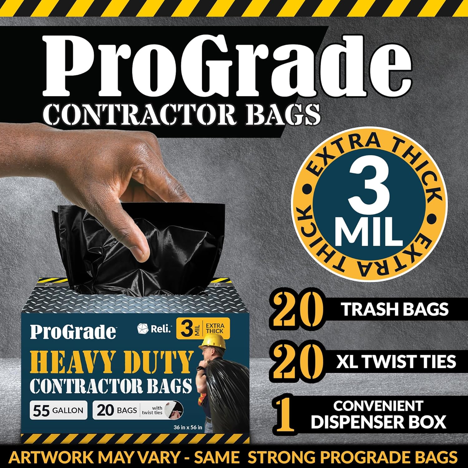Reli. Contractor Garbage Bags 55 Gallon | 20 Trash Bags | Heavy Duty | Black Contractor