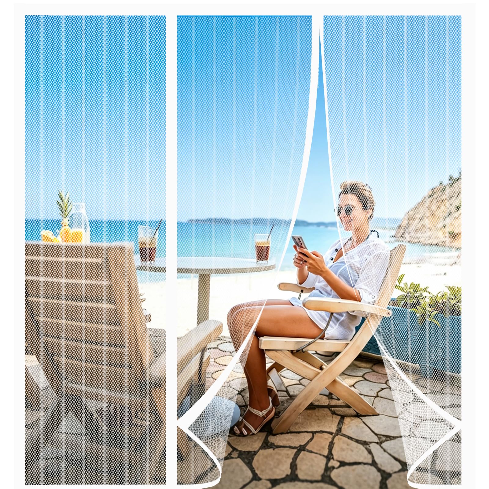 Alwayswhy Magnetic Fly Screen Door, Double Door Anti Mosquito Mesh Fly Curtain, Heavy Duty Fly Door Screen Mesh, for Balcony Sliding Doors, White Stripes, 170(56/58/56) x210cm — image 1