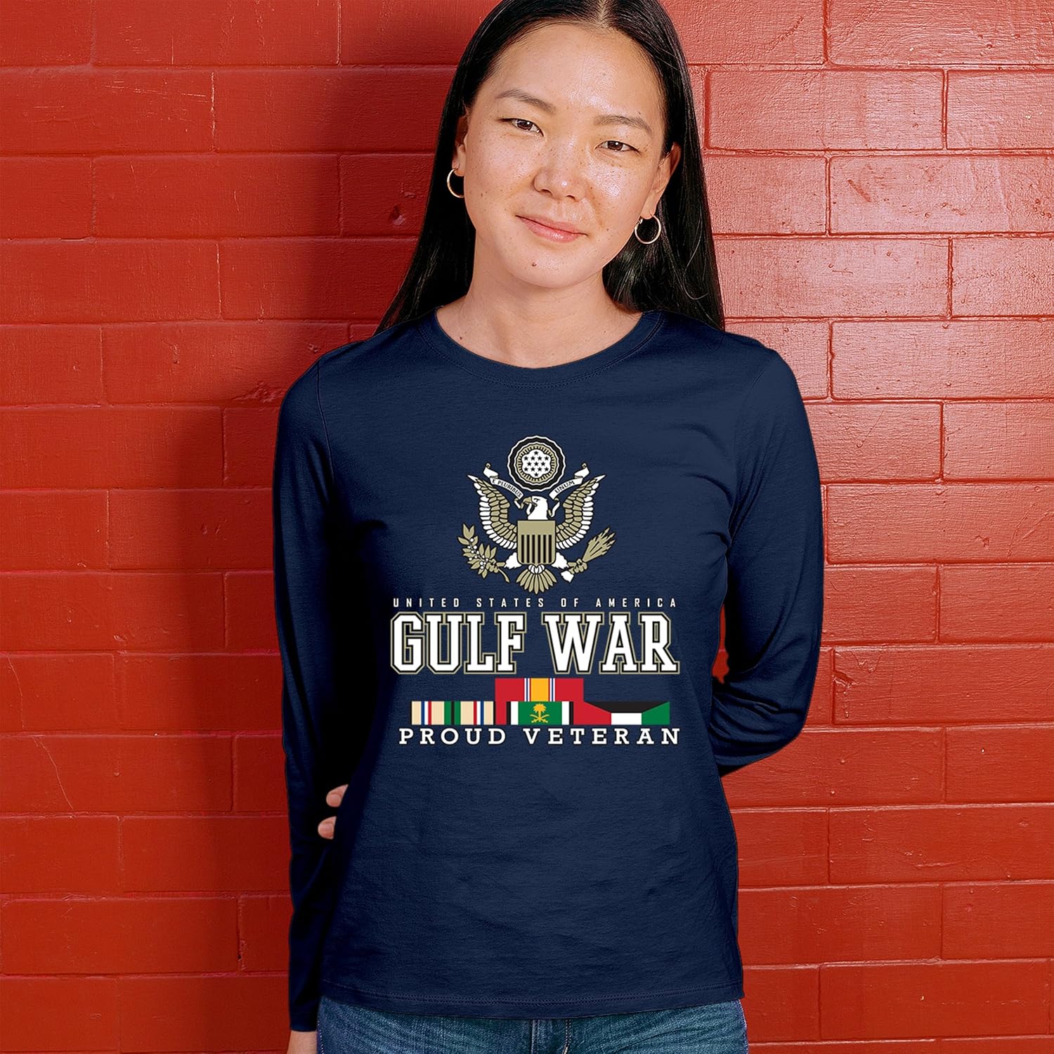 Gulf War Proud Veteran Women's Long Sleeve T-Shirt American Vet Army Desert Storm Operation Valor DD 214 Soldier Patriotic