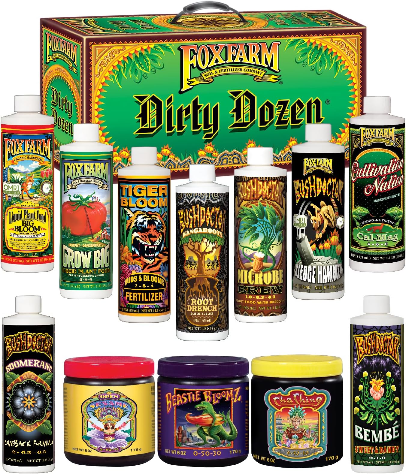 Dirty Dozen Liquids & Solubles Starter Pack - 3 Solubles (Open Sesame, Beastie Bloomz, Cha Ching) & 9 Pint Liquids (Big Bloom, Tiger Bloom, Grow Big & More) for Gardening Success