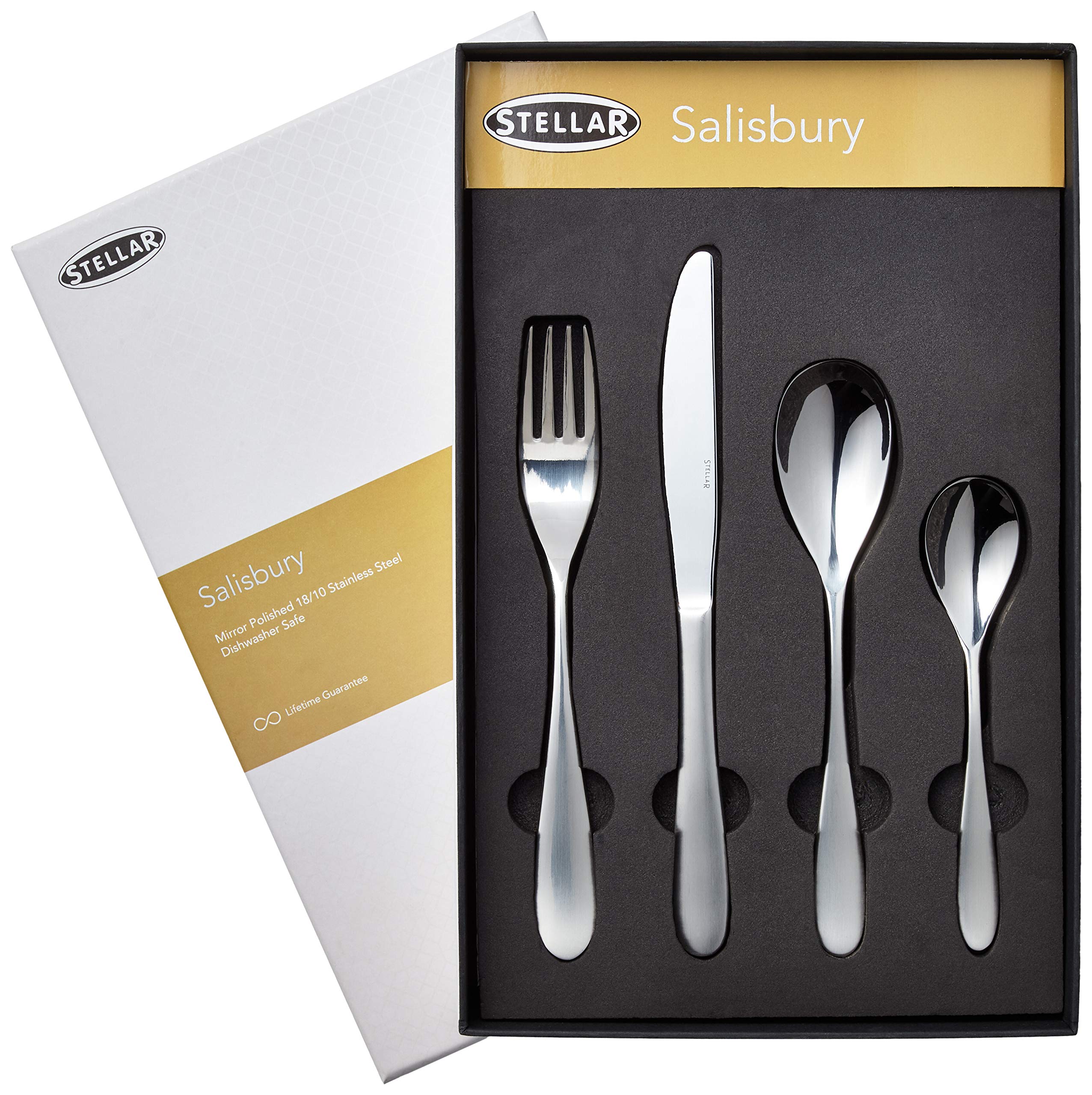 Stellar 16 Piece 18/10 Stainless Steel Cutlery Set. Table Settings for 4, Salisbury Design