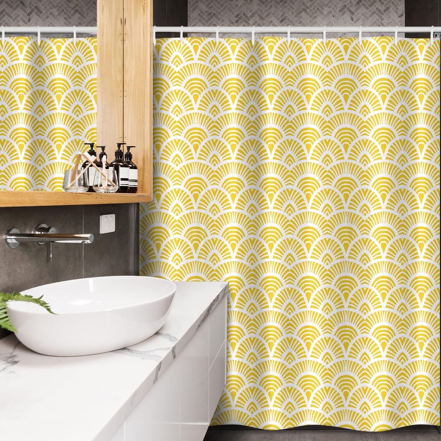 Ambesonne Japanese Art Stall Shower Curtain, Fish Scale Inspired Vintage Hand Drawn Oriental Geometric Lines Motifs, Fabric Bathroom Decor Set with Hooks, 54" W x 78" L, White Yellow