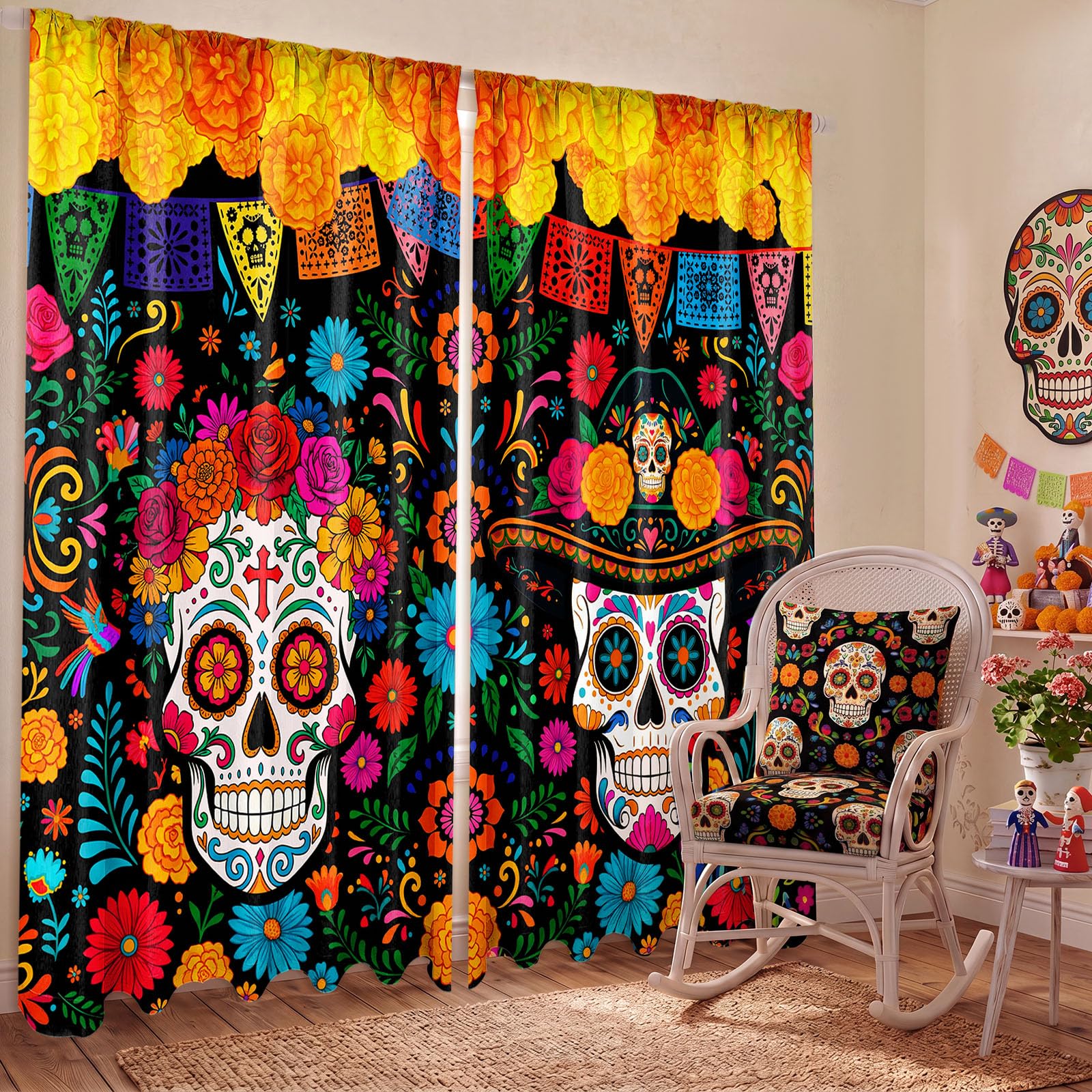 SmoothNovelty 2 Pcs Day of The Dead Curtains for Living Room Sugar Skull