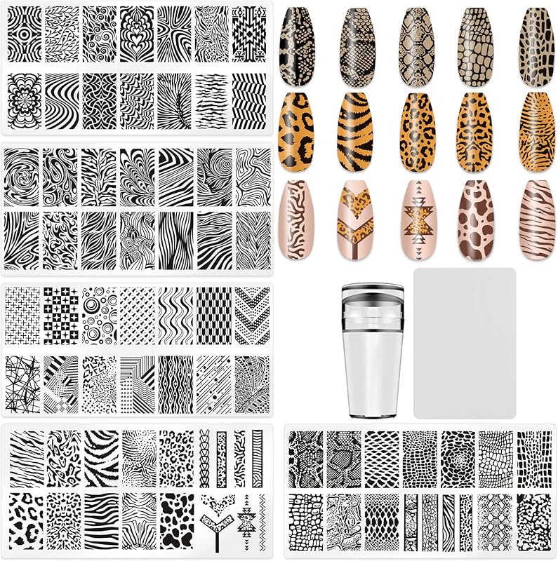 5 placas de estampado de uñas, sellos de uñas con estampado de leopardo, placas de estampado de uñas, plantillas de uñas, plantilla de placa de uñas, kit de estampado de uñas, accesorios de uñas con 1 estampador de uñas, 1 raspador