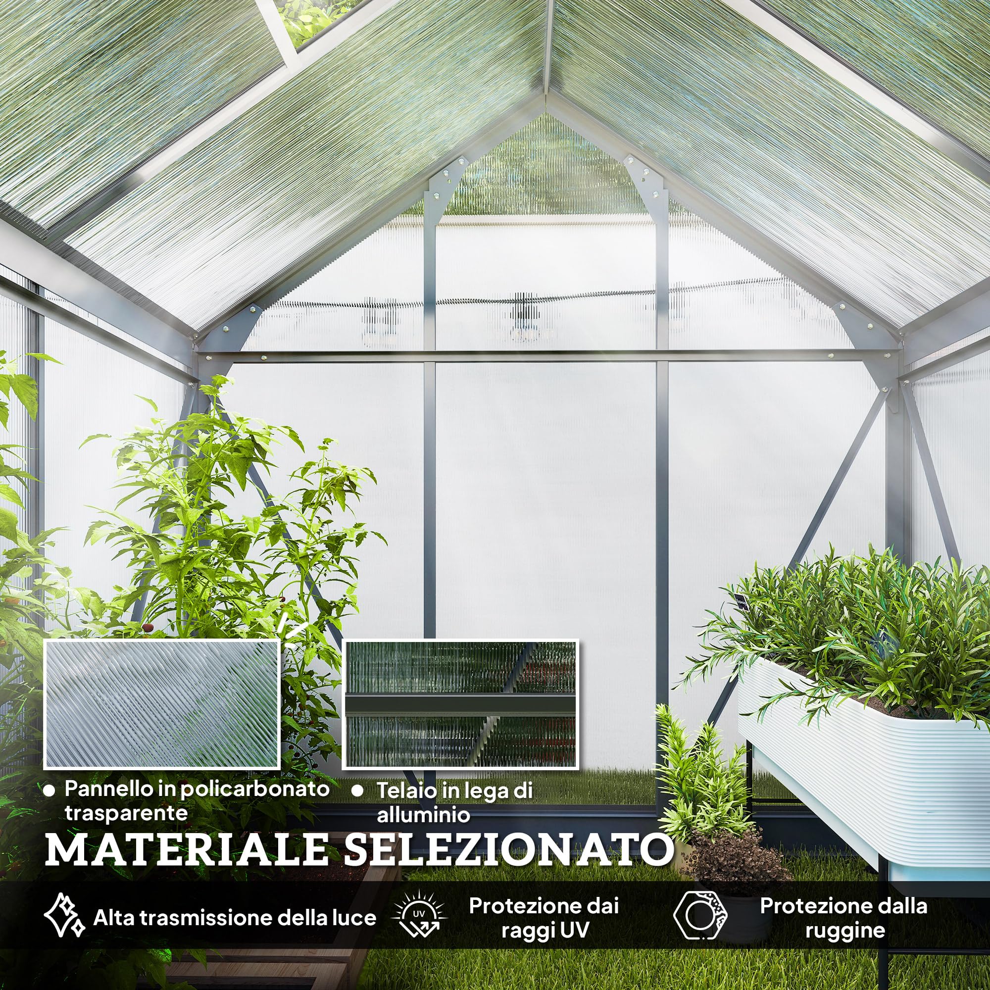 Outsunny Serra da Giardino in Policarbonato con Telaio in Lega di Alluminio 2.51㎡, Serra per Orto con Grondaie, Finestra a Tetto per Ventilazione, Porta Scorrevole, per Piante, 190x132x201cm, Grigio
