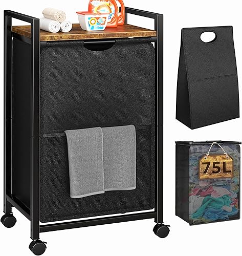 Cesta de lavandería alta con estante  Cesta de ropa sucia para ropa sucia para dormitorio, papelera estética con tapa, ruedas cubiertas, estación de