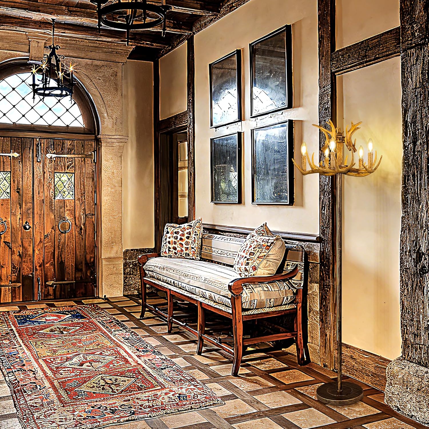 Wellmet Bronze Floor Lamp for Living Room, Farmhouse Floor Lamps for Bedroom, Vintage Rustic Deer Antler Art Standing Lamp Unique Floor Lamp for Cabin Corner Decorative