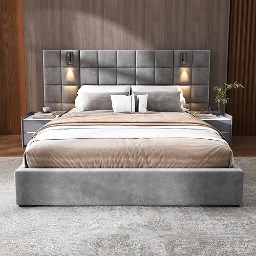 Base de cama tamaño King con cabecero de 46 pulgadas de alto, plataforma tapizada de terciopelo, cabecera de tela suave copetuda, lámparas de