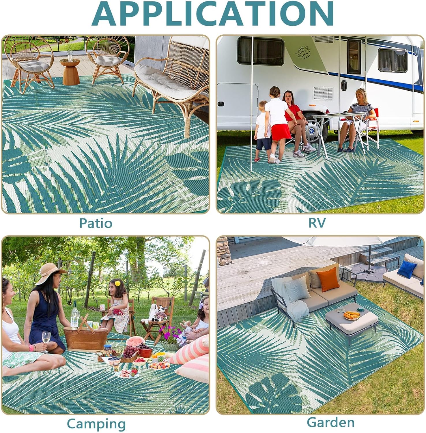 famibay Outdoor Rug Waterproof 5x8, Reversible Plastic Straw Patio Camping Rugs, Portable Indoor Outdoor RV Area Rug for Deck, Porch, Balcony, Backyard, Picnic, Beach, Pool, Leaf Tricolor Green