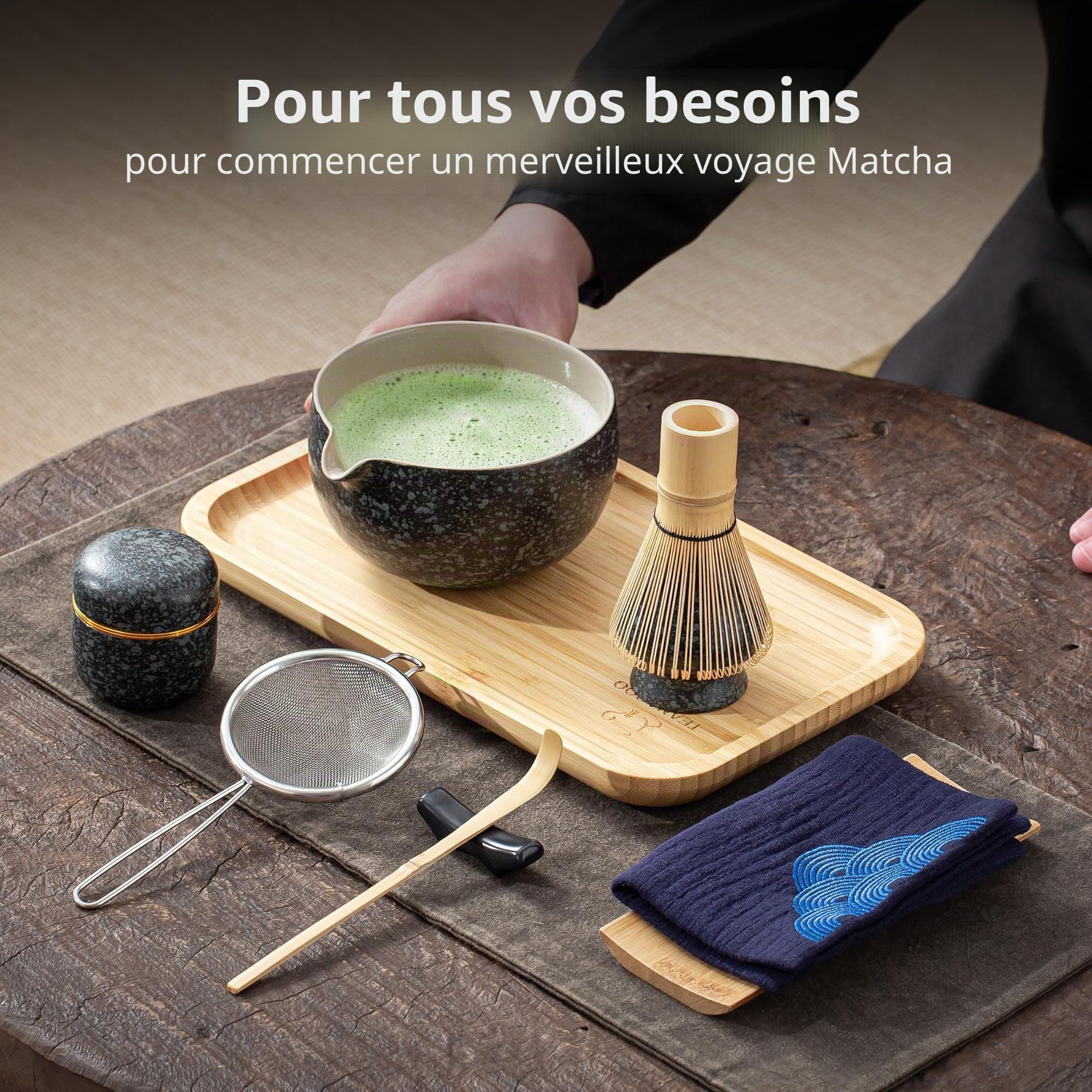 TEANAGOO Service à thé japonais, ensemble de fouet à matcha, bol à matcha en bambou (Chasen), cuillère (chashaku), support de fouet à matcha, kit de fabrication de thé. O1, kit de poudre de thé vert