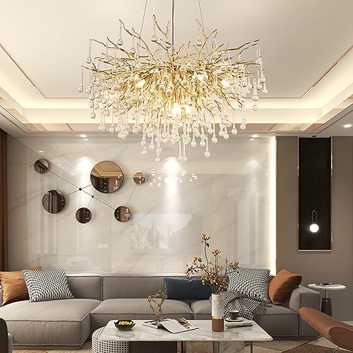 Miniatura 67 de Candelabro moderno de rama de árbol, 47.24 pulgadas, ramas de árbol de dinero, lámparas de cristal dorado, accesorios de iluminación colgantes