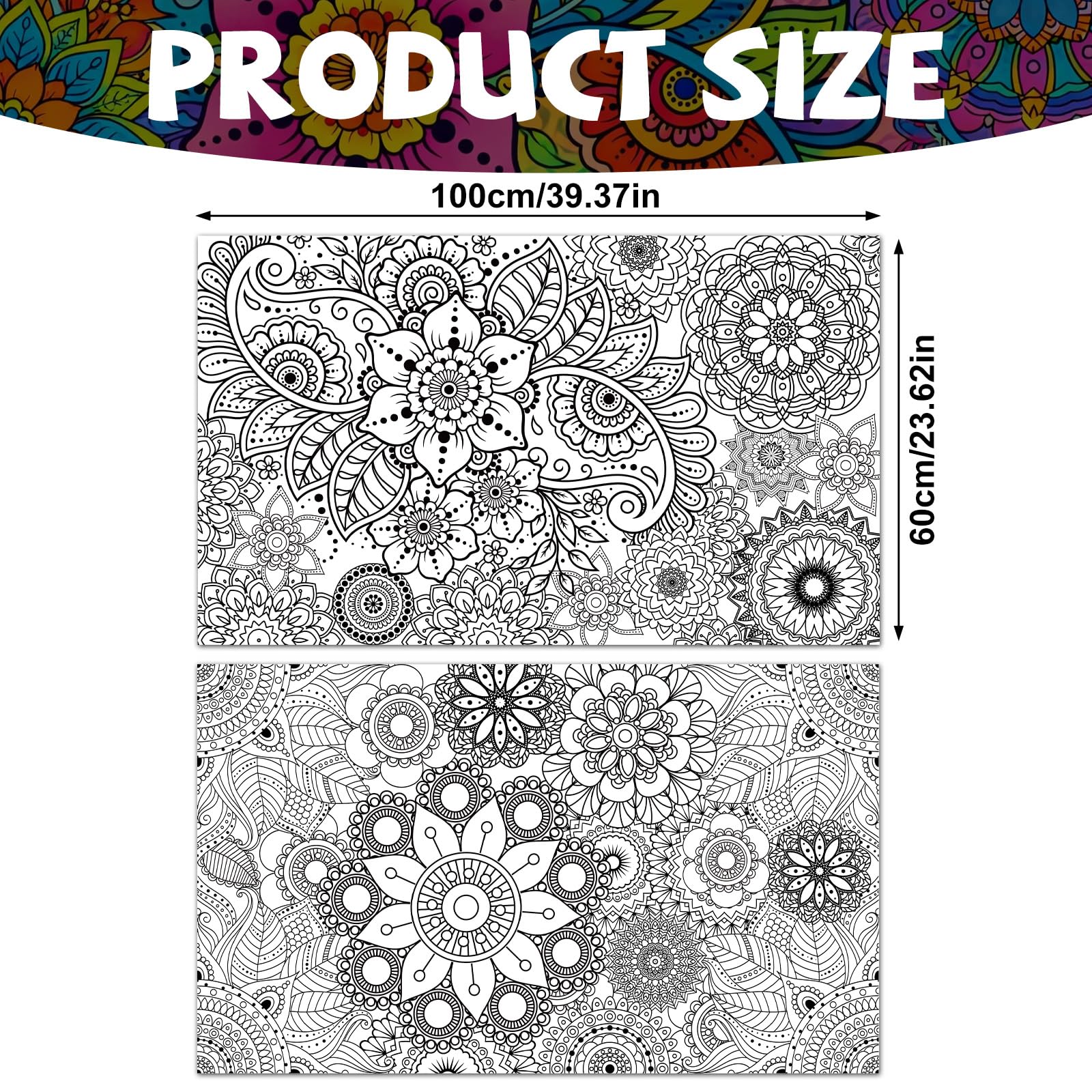 2pcs Jumbo Mandala Coloring Posters, 100x60cm/39.37x23.62in Large Motivational Coloring Posters for Kids Adults Teens Art Craft Wall Party Supplies (Style 2) - 2