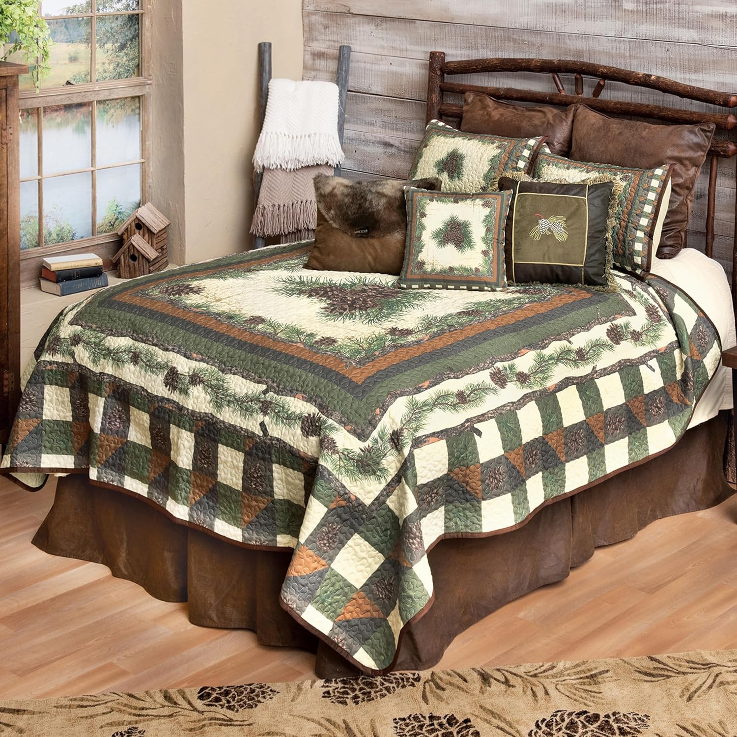 BLACK FOREST DECOR Woodland Pinecones Quilt Bed Set - Queen, Rustic Lodge Pinecone Bedding - 90" x 90"