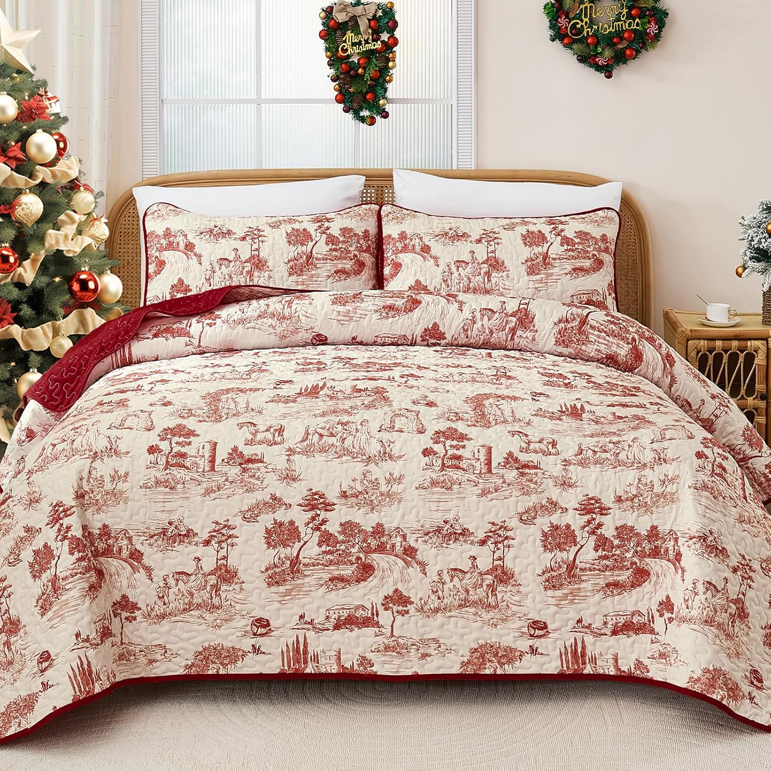 Drucon King Red Quilt Set,Christmas Toile Lightweight Bedspreads Coverlet Bedding Set, Soft Microfiber Quilt Bed Cover for All Season - 3 Piece (1 Quilt, 2 Pillow Shams) Red King (106"x90")