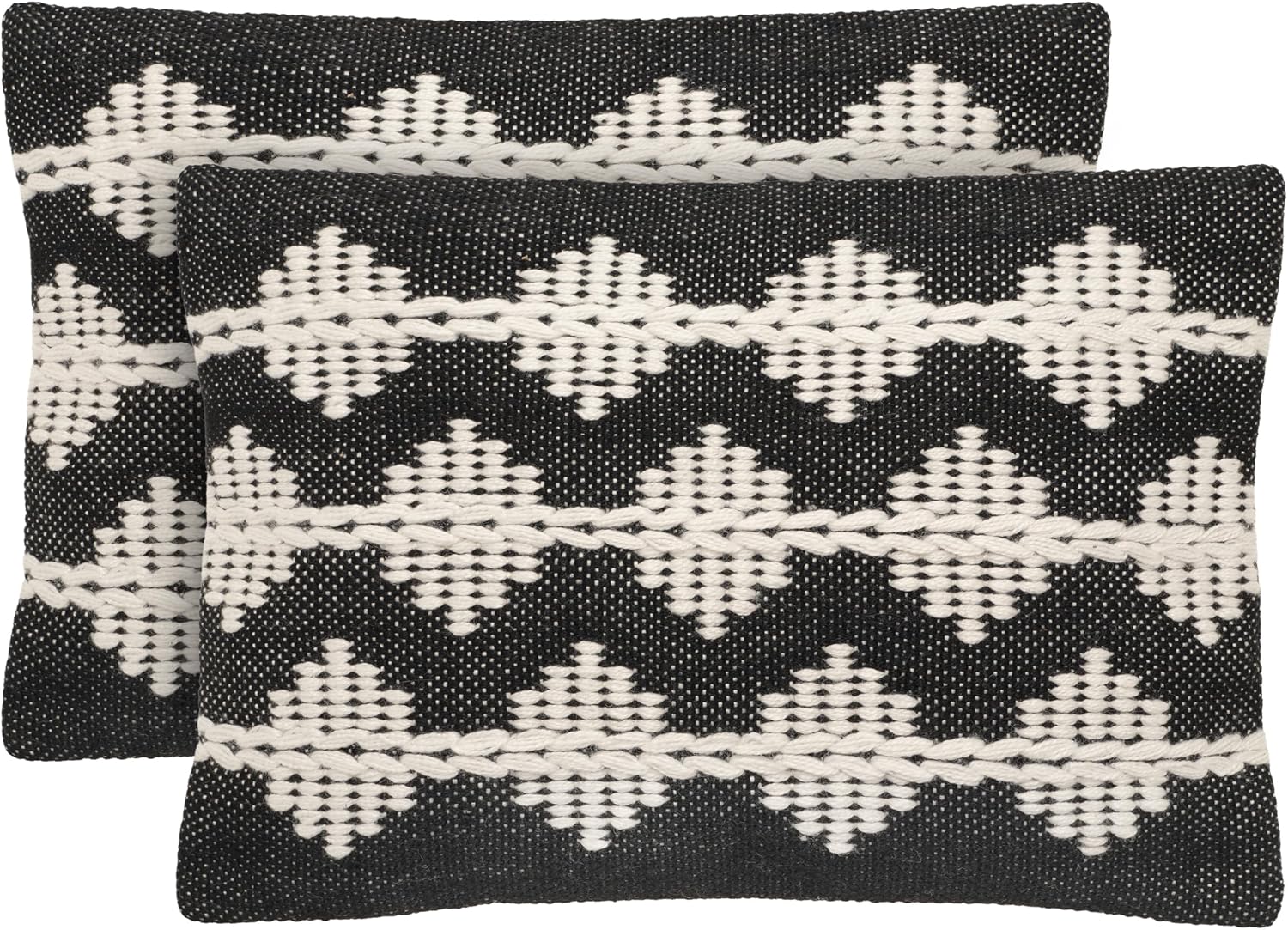 Chanasya Luna & Serena Outdoor Polyester 14x20” Lumbar Pillow Covers, Set of 2 - Black White Diamond Woven Decorative Lumbar Throw Pillow Covers - 2 Covers