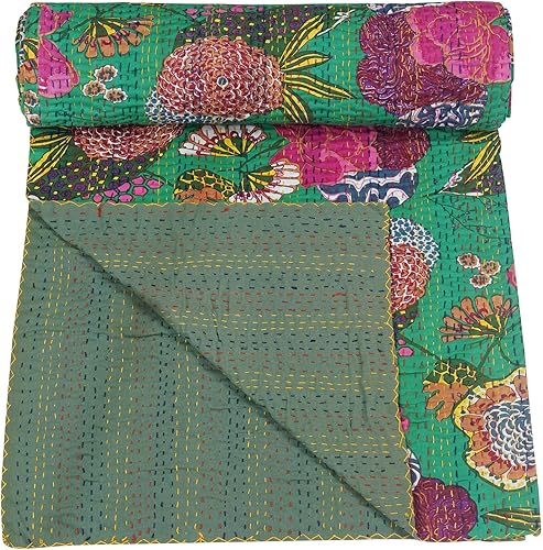 Vista 28 de Marubhumi Colcha Kantha reversible de algodón puro cosido a mano con estampado de frutas indias, edredón Kantha reversible (C verde, Queen