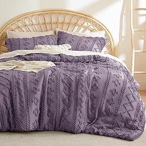 Bedsure Tufted Boho Comforter Set Queen Size - Grayish Purple Boho Bed Set, GentleSoft™ 3 Pieces Farmhouse Shabby Chic Embroidery Bedding, Gifts for Woman, Jacquard Queen Comforter for All Seasons