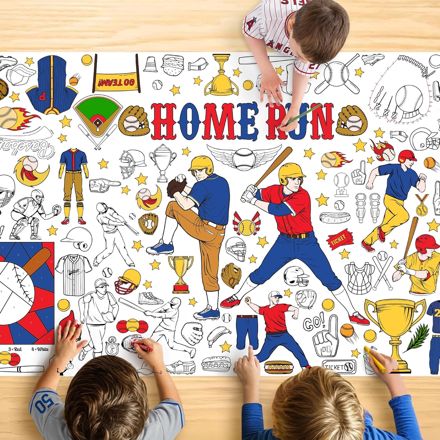 Baseball Coloring Tablecloth for Kids, Giant Sports Coloring Table Cloth 30x72 Inch, Baseball Party Activity Poster with Balls Bats Field Game, Fun Arts Crafts for Boys Birthday Decorations