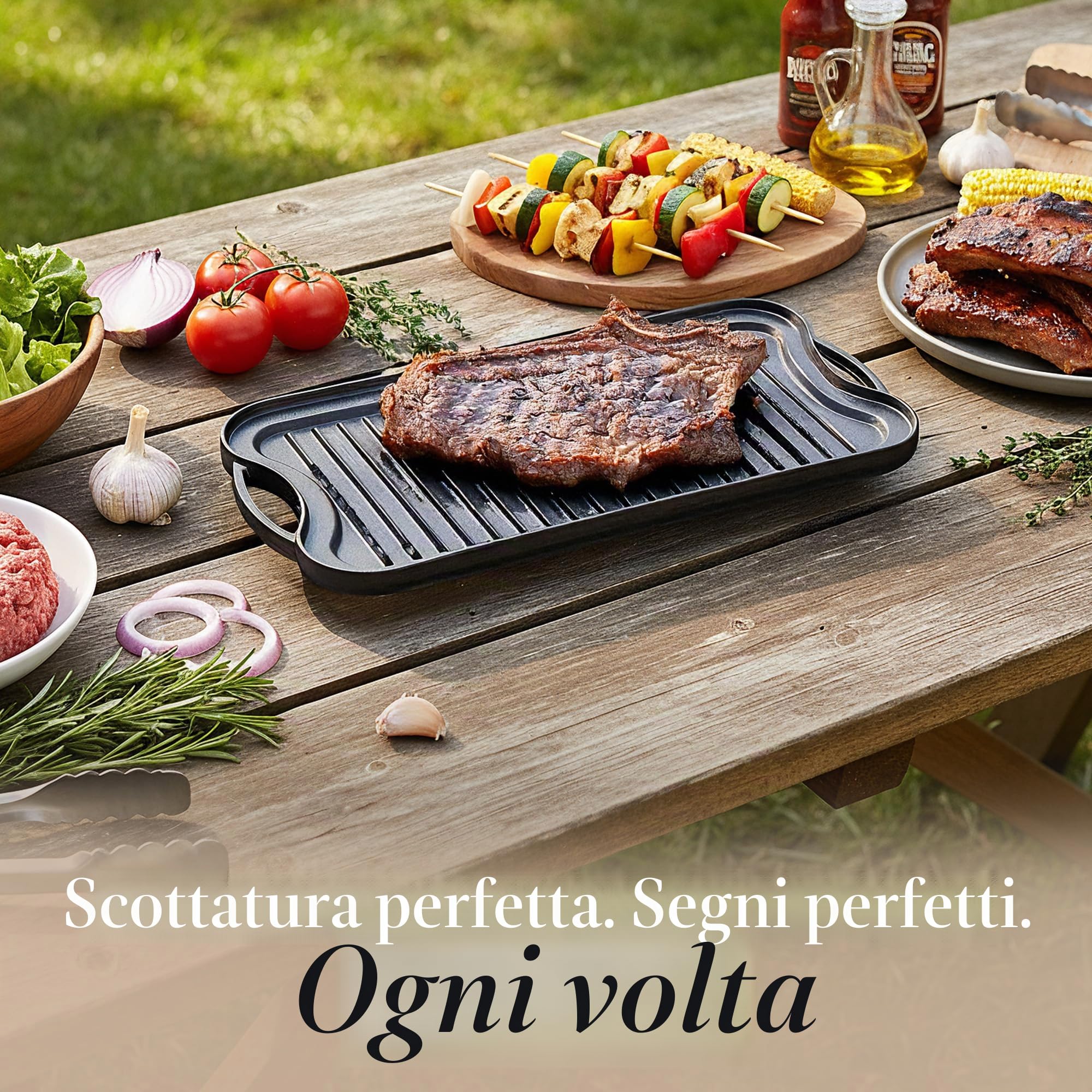 Piastra in ghisa per piano cottura a gas e grigliate su due lati, pre-stagionata, per una cucina sana e deliziosa, superficie piatta e scanalata, 50 x 25 cm