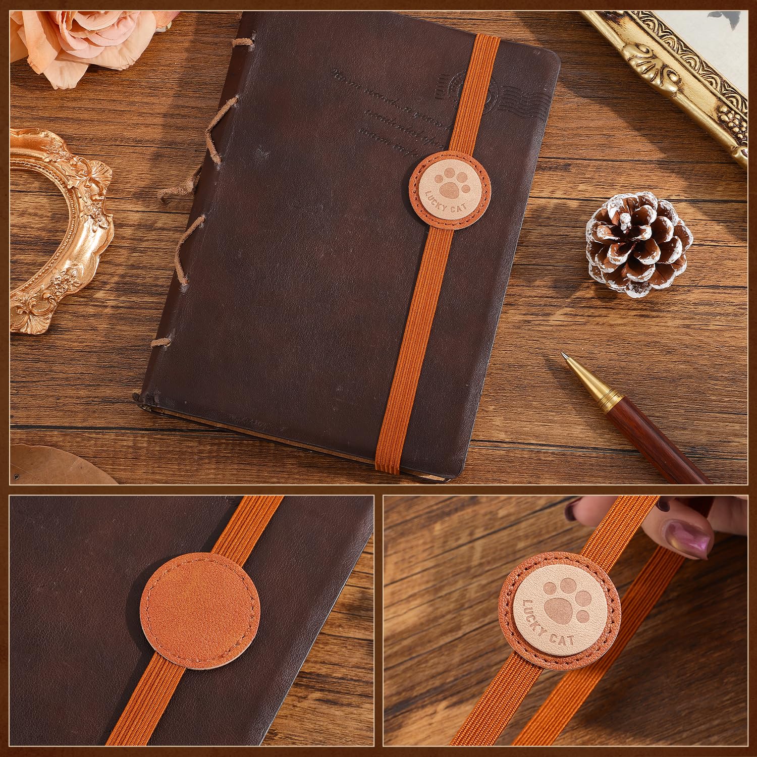 Lot de 2 marque-pages élastiques vintage en cuir synthétique pour femme, pour les amateurs de livres, les lecteurs, les journaux à couverture rigide, les cahiers, les planificateurs, les classeurs