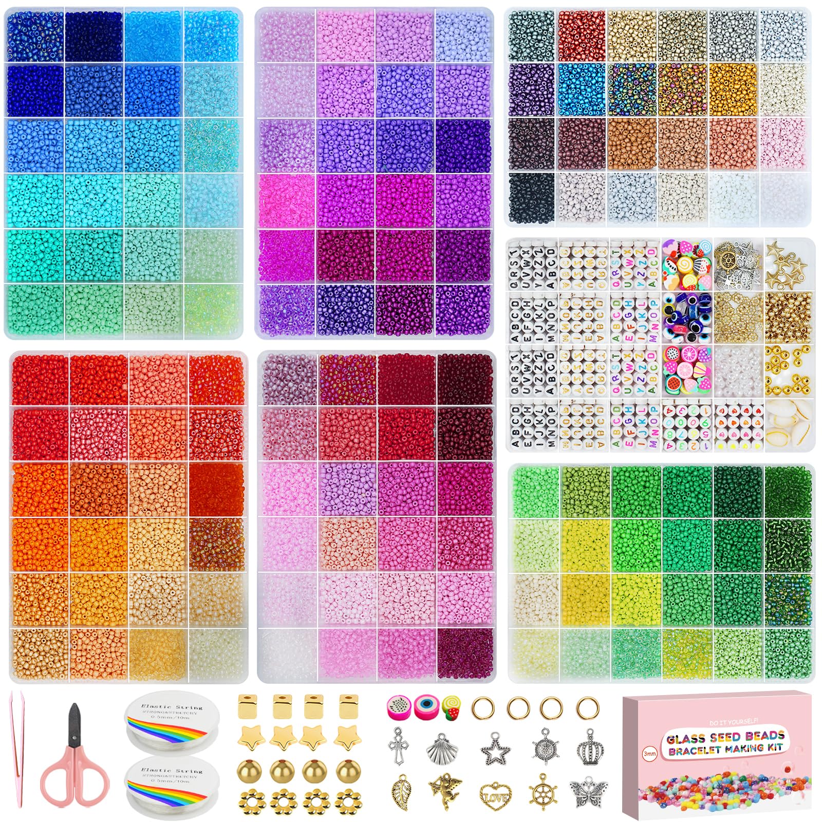 Dazhqp 45000pcs 3mm 144 Colors Glass Seed Beads for Bracelet Making Kit, Small Friendship Bracelet Making kit, DIY Art Craft Girls Gifts