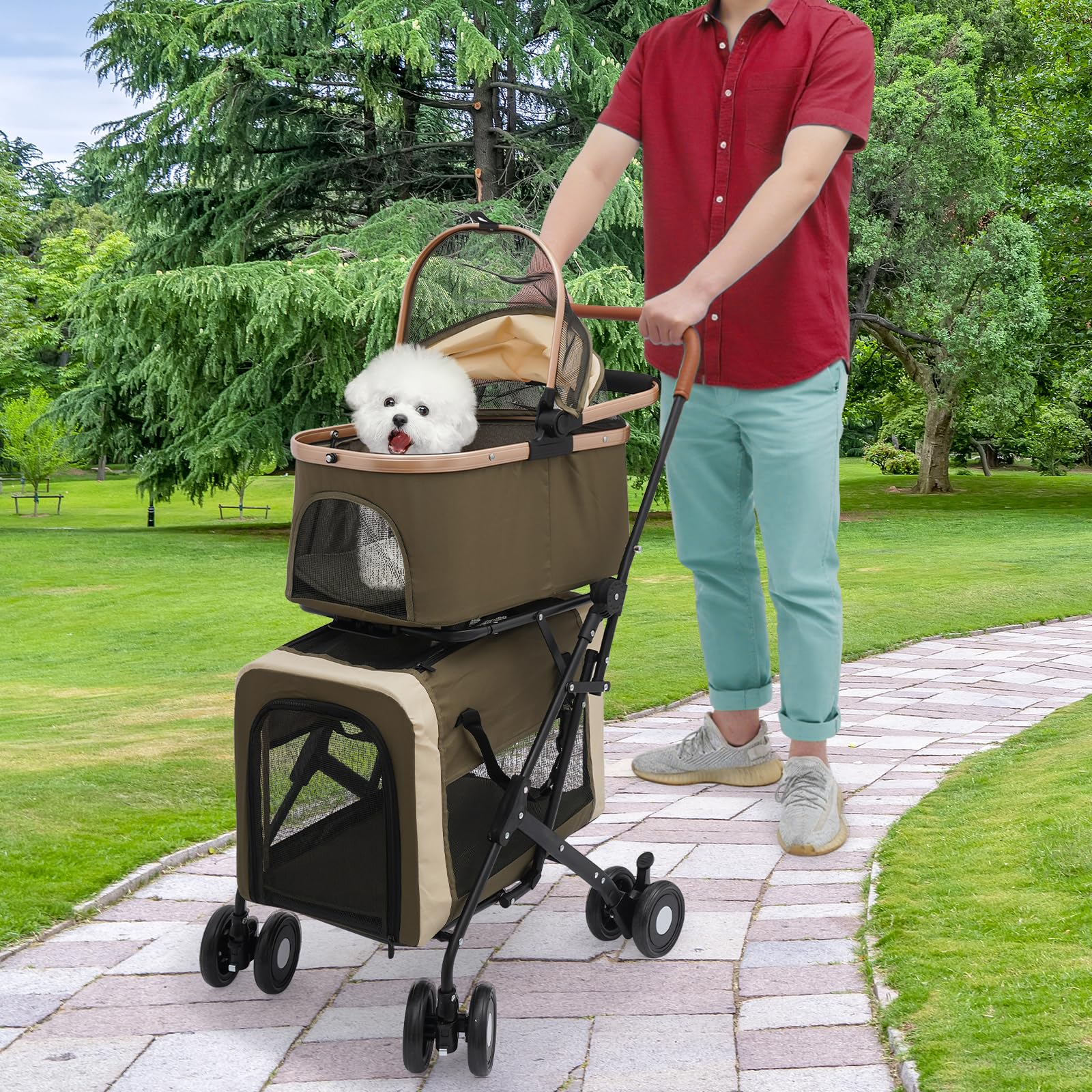 Passeggino per cani 3 in 1, 2 ripiani, con finestre a rete, tasche e imbottiture, Oxford e metallo, passeggino per animali domestici fino a 35 kg, pieghevole, per cani, gatti, animali domestici (verde
