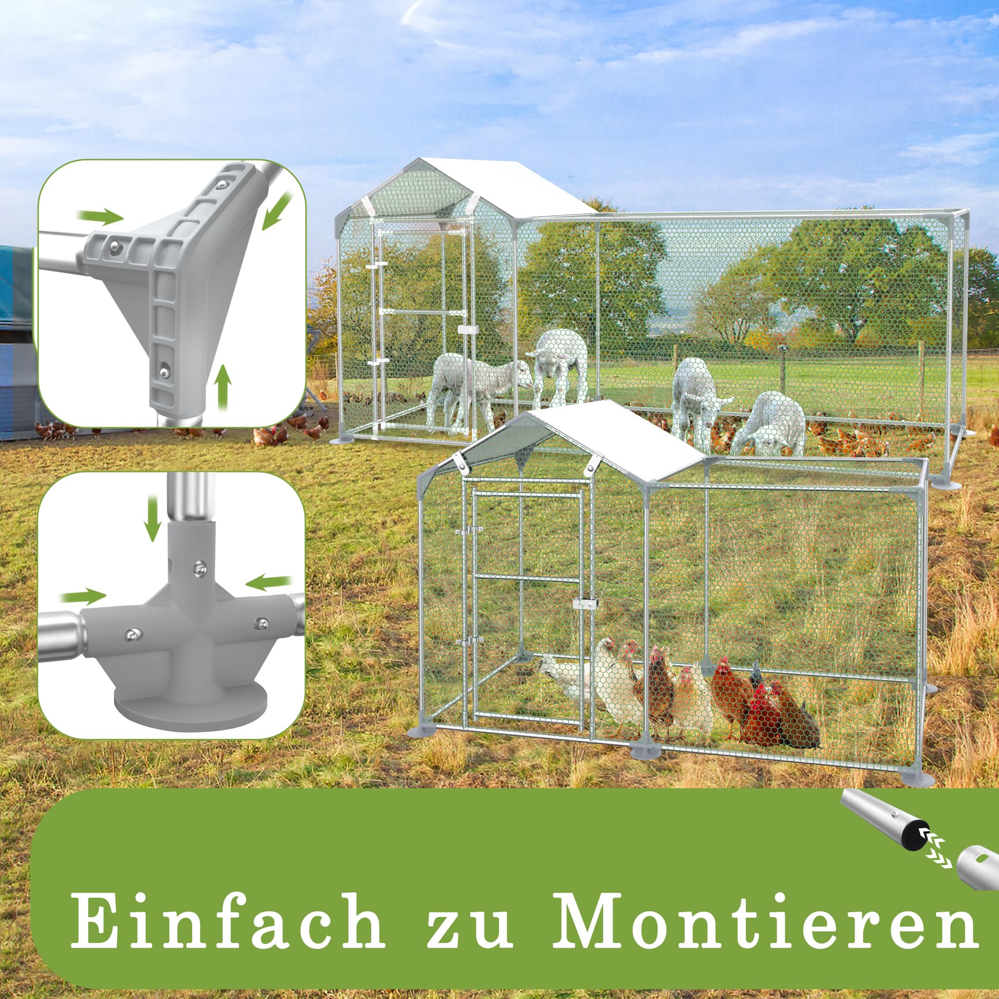 FIVMEN Freilaufgehege Kaninchen 2x1 m Hühnerstall Metall mit Sonnenschutz Dach,Tür & Riegel Stabil Hühnerhaus Freigehege Kleintiergehege für Hühner, Ente & Kleintiere