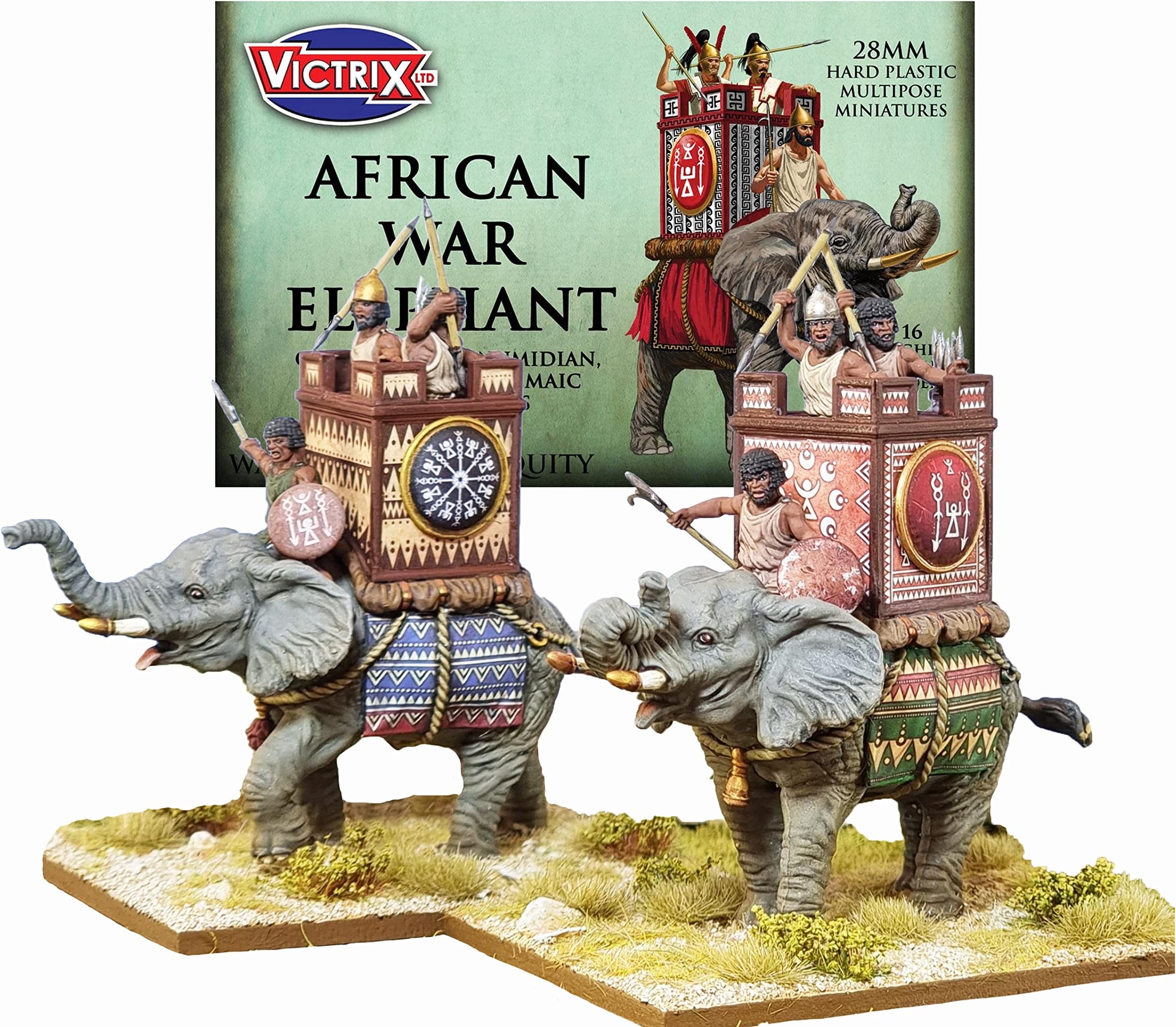 VICTRIX - African War Elephants - 2 Elephant Models - 16 Warrior Figures - 28mm Plastic Miniatures - Punic Wars