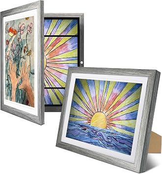 2-Pack Kids Artwork Frames Changeable 10x12.5 with Easel Stands, Hangers, Backboards, Shatterproof Plexiglass | 2 Mats Fit 9x12, 8.5x11, A4 Paper Sizes | Large and Easy-Access Kids Art Frame Display and Storage for up to 100 Sheets Gray