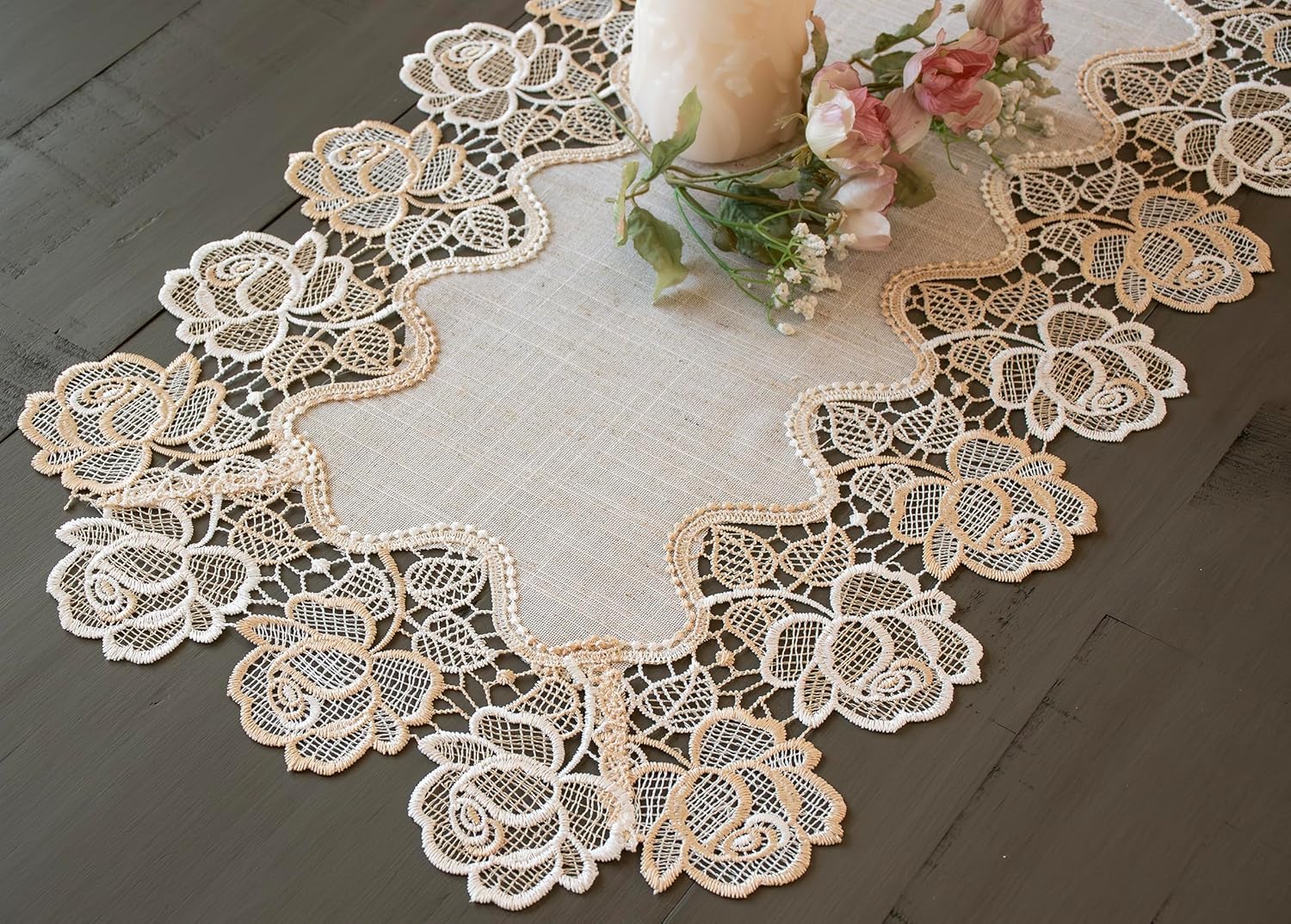 Beige Rose Lace Table Runner, Dresser Scarf, Vitage Charm (14Wx27L)