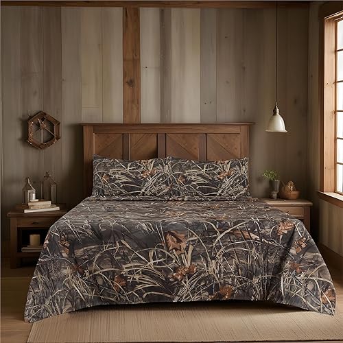 Boston Linen Company Realtree Max - Juego de sábanas tamaño King de 4 piezas de polialgodón rústico de granja para cabaña, cabaña y caza, perfecto