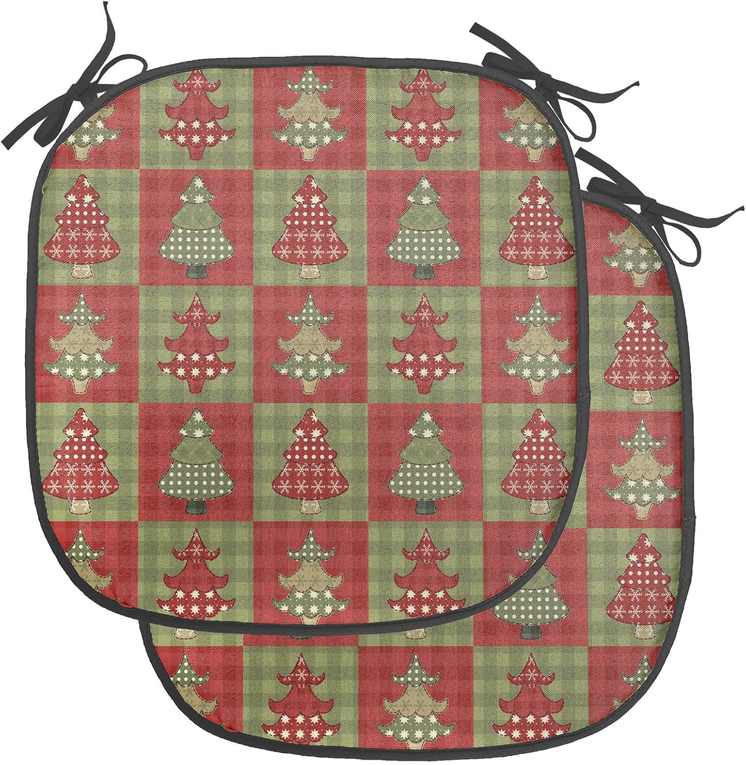 Ambesonne Christmas Chair Seating Cushion Set of 2, Different Styled Noel Trees on Checkered Squares Background Vintage Quilt, Anti-Slip Seat Padding for Kitchen & Patio, 16"x16", Ruby Reseda Green