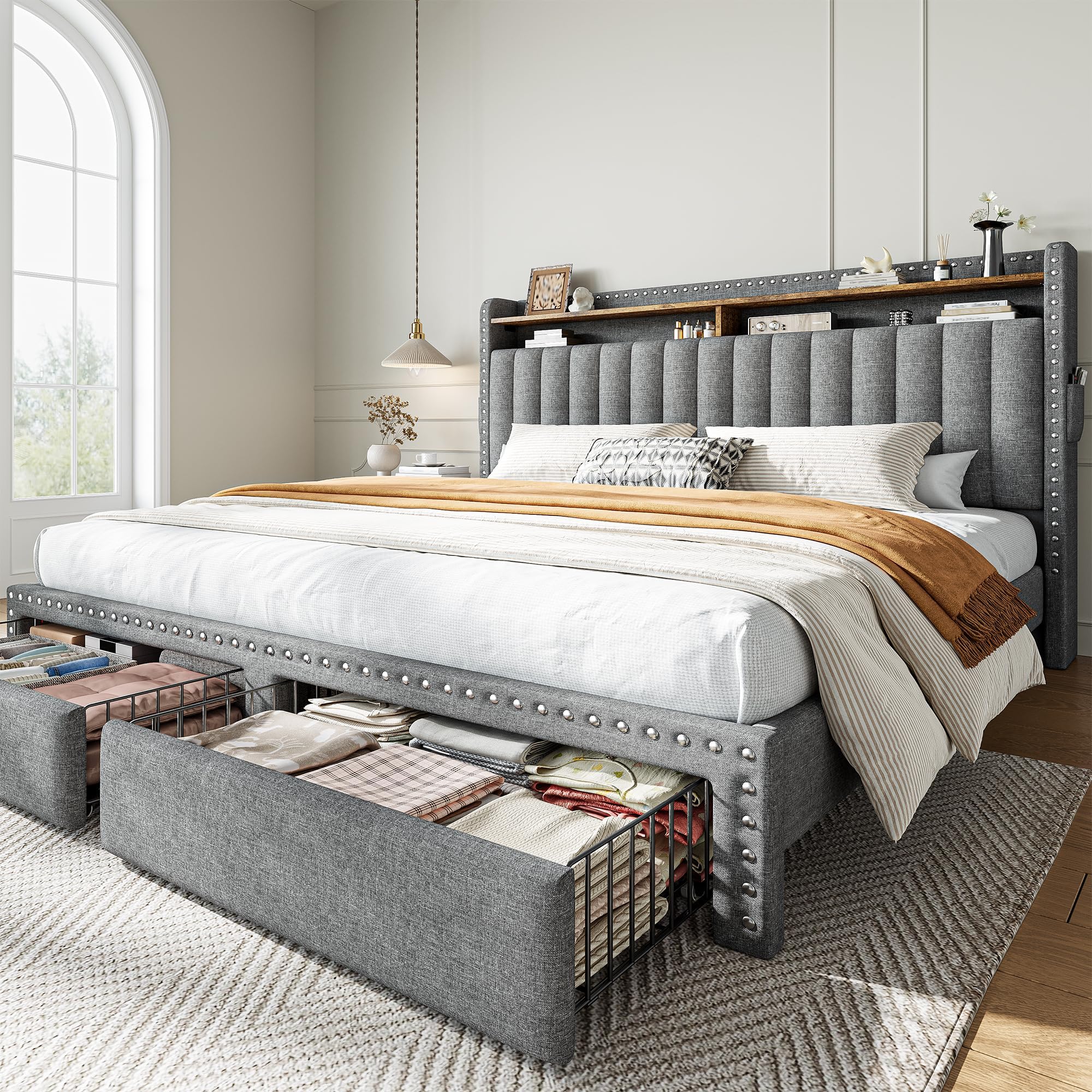 EnHomee King Size Bed Frame with 2 Metal Storage Drawers, Vertical Tufted Upholstered King Platform Bed with Headboard Shelf, 1000lbs Heavy Duty, No Box Spring Needed,Easy Assembly,Grey