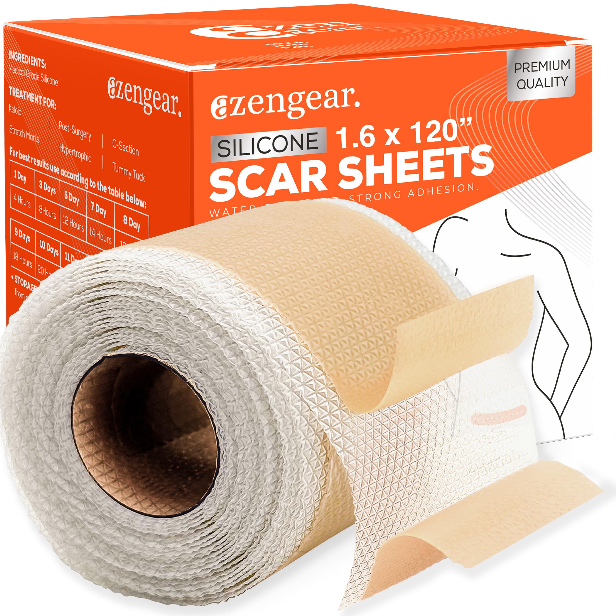 aZengear Silicone Scar Sheets Tape (1.6 x 120”/ 3m Roll) for Surgical Scars, Keloid, C-Section, Tummy Tuck, Old New Scar Removal Treatment, Medical Grade PatchesClimatePartner certified