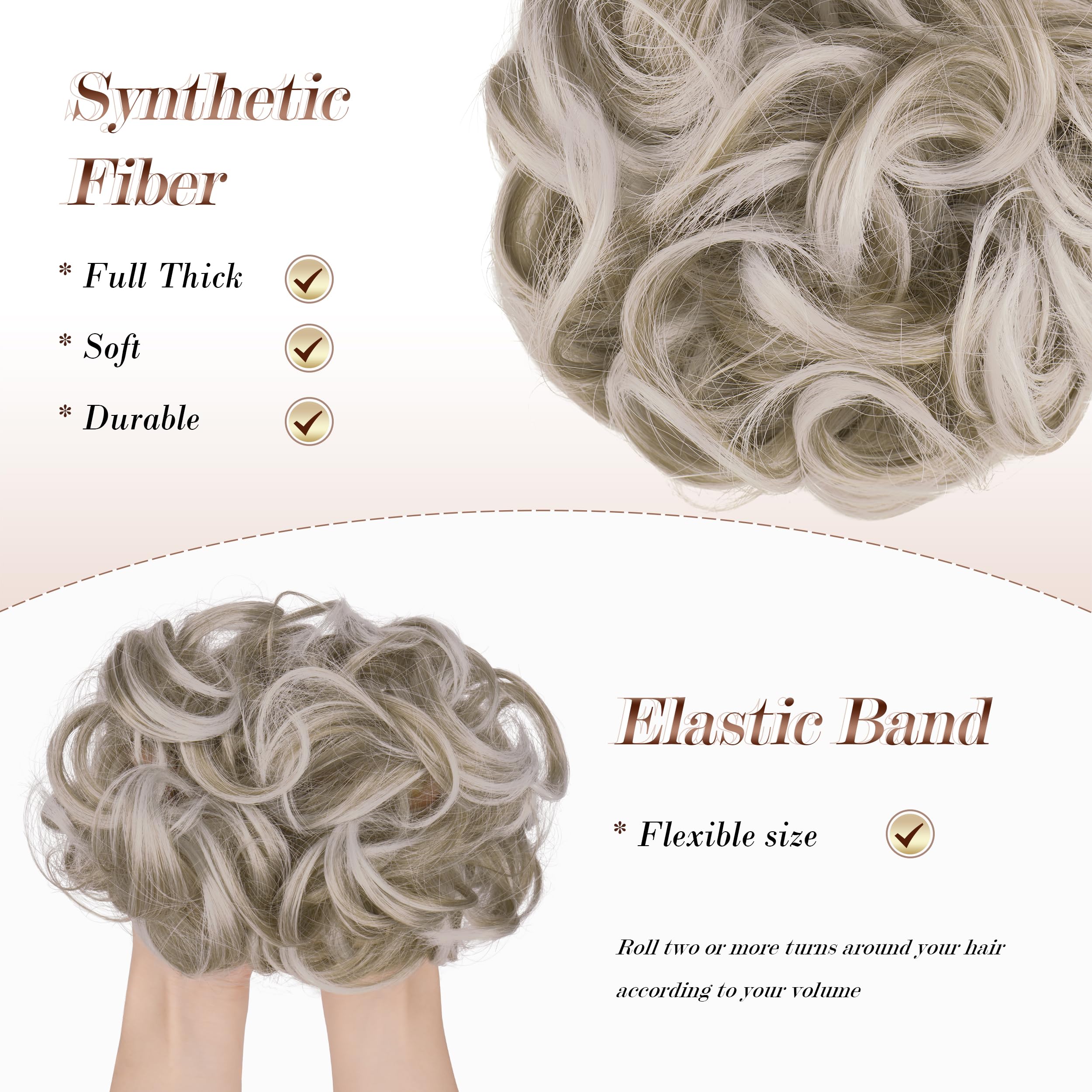 FESHFEN Messy Bun Hair Piece Hairs Scrunchies Thick Curly Wavy Pony Tail Synthetic Accessories Donut Updo Hairpieces for Women Girls 55g - Image 4