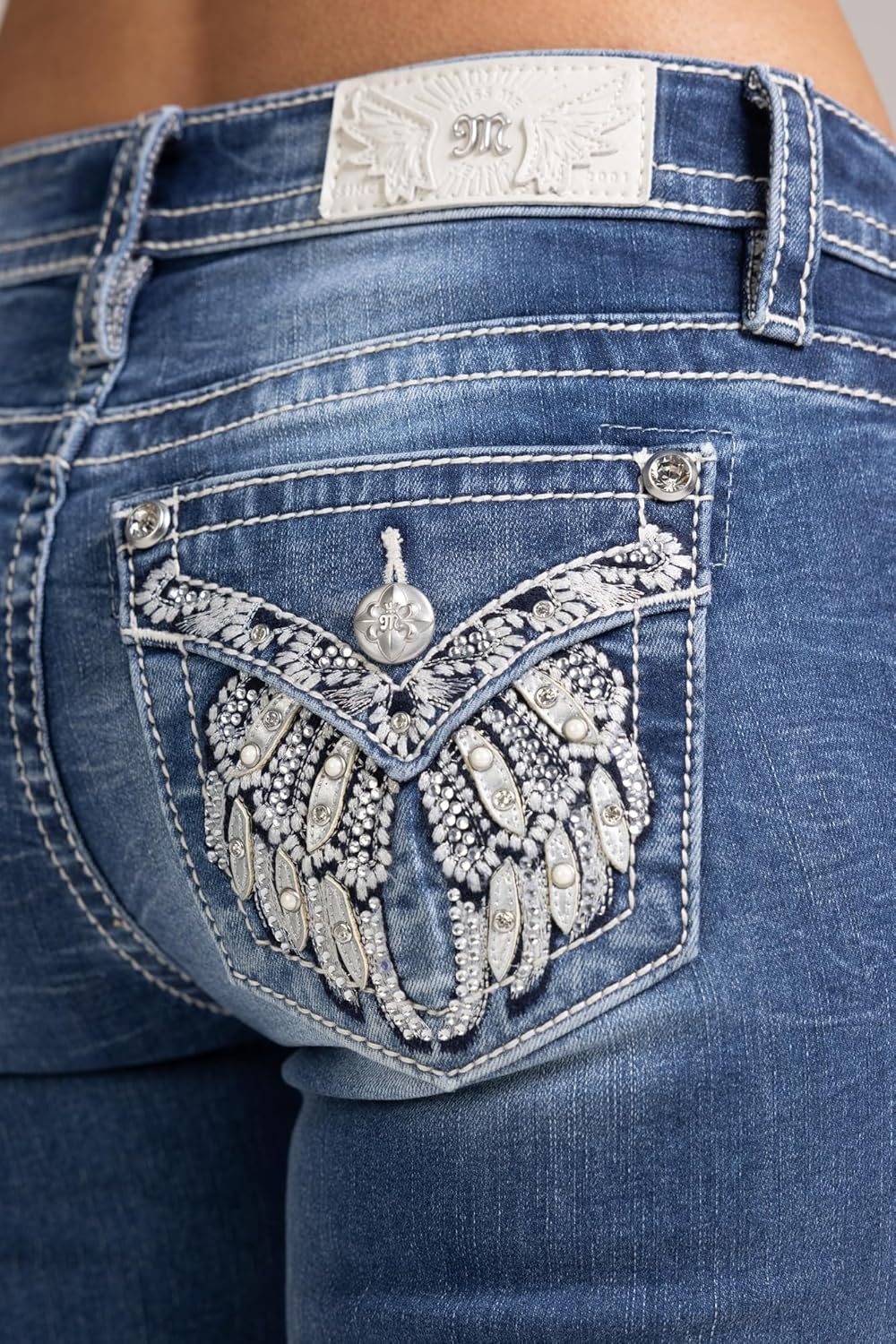 Miss Me Women's Rhinestone Wings Embellished Faux Flap Pockets Mid-Rise Bootcut Jeans - Image 4