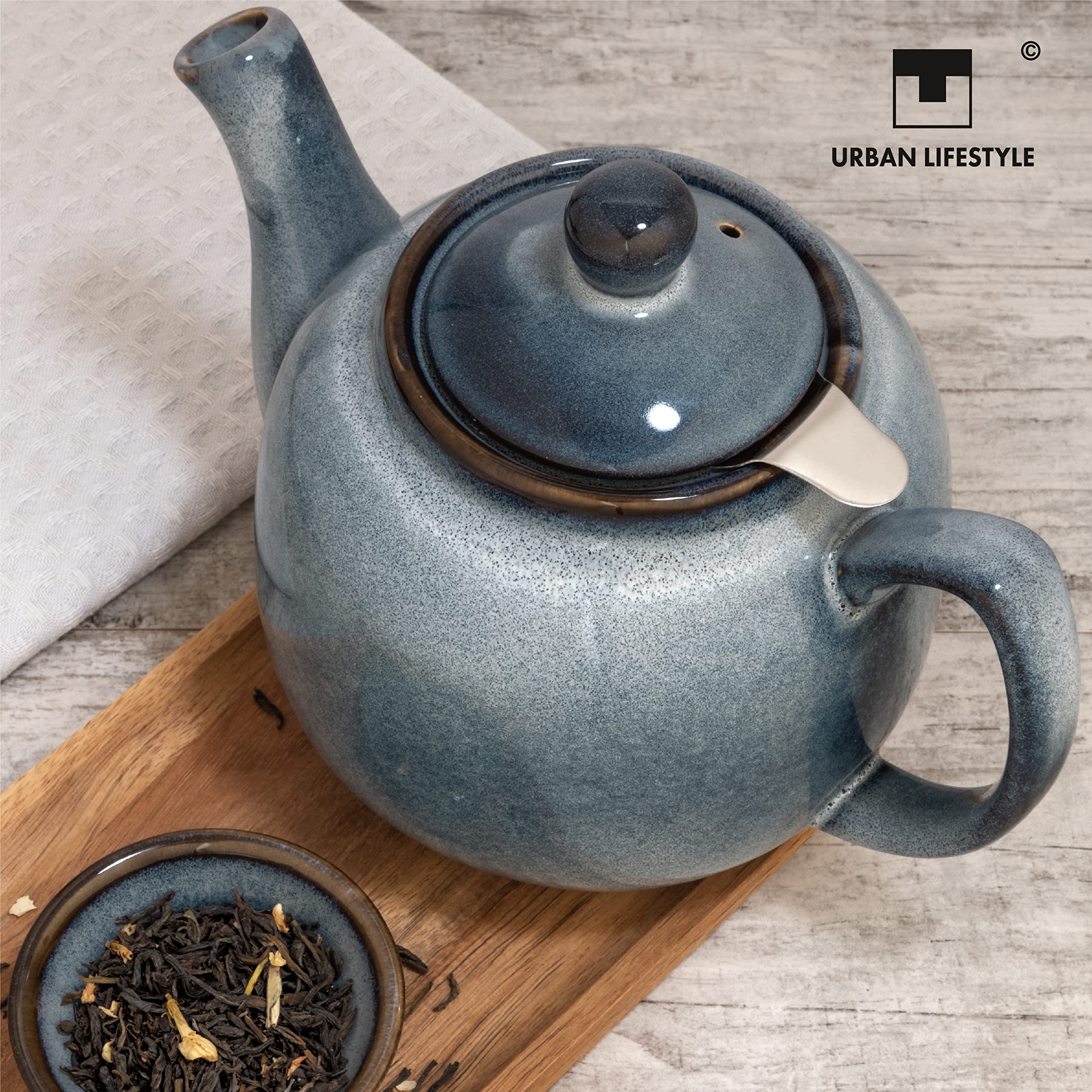 Théière "Bristol" à glaçure dégradée, émaillée à la main (gris-bleu avec filtre) THÉIÈRE THÉIÈRE STYLE CLASSIQUE ANGLAIS 1 litre en céramique fine avec une glaçure adaptée à l'usage alimentaire