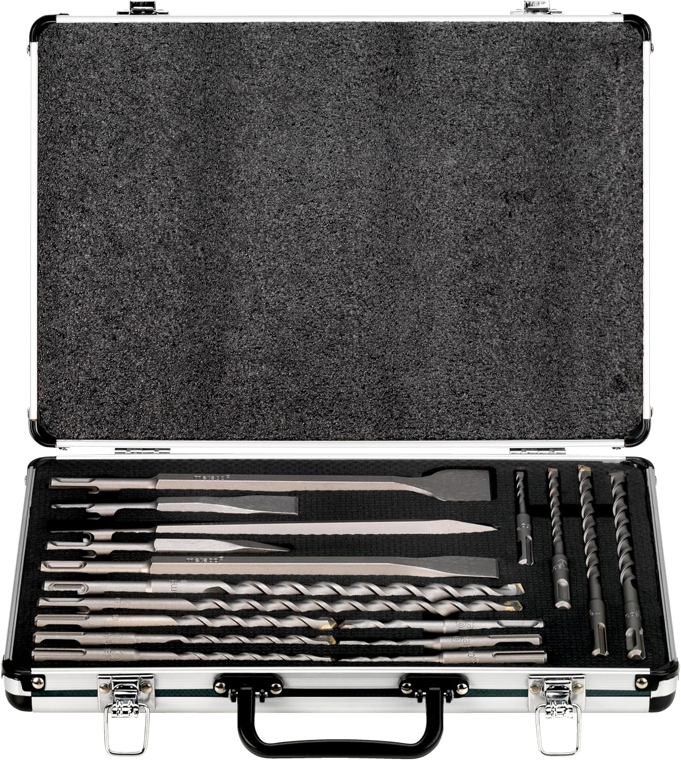 Individual Metabo SDS+ drill bits and chisels of various sizes laid out