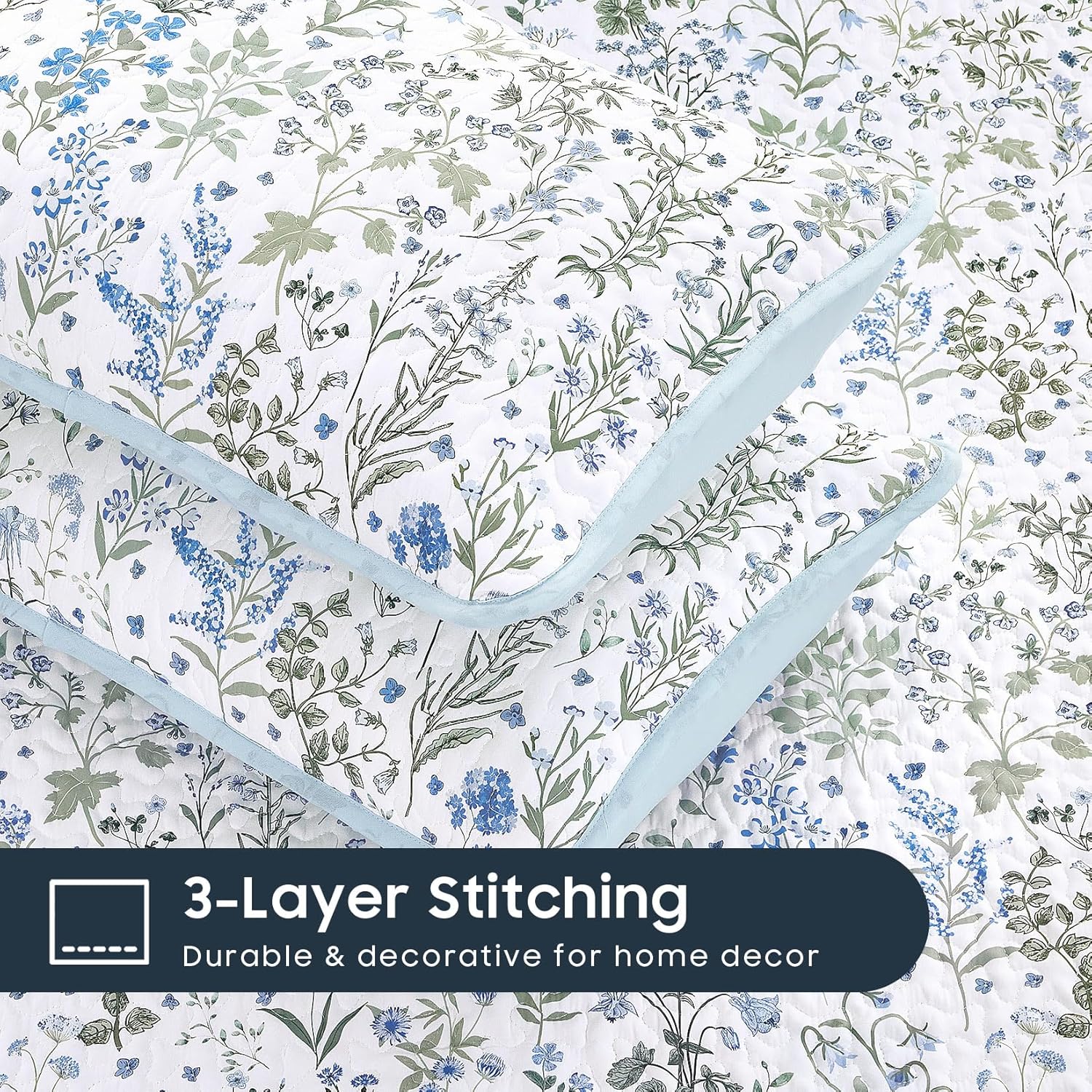 Wake In Cloud - Floral Quilt Set, Botanical Flower Shabby Chic Cottagecore Vintage Aesthetic Pattern, Reversible Lightweight Bedspread Coverlet, 3 Pieces, Blue White, Twin/Twin XL Size - Image 6